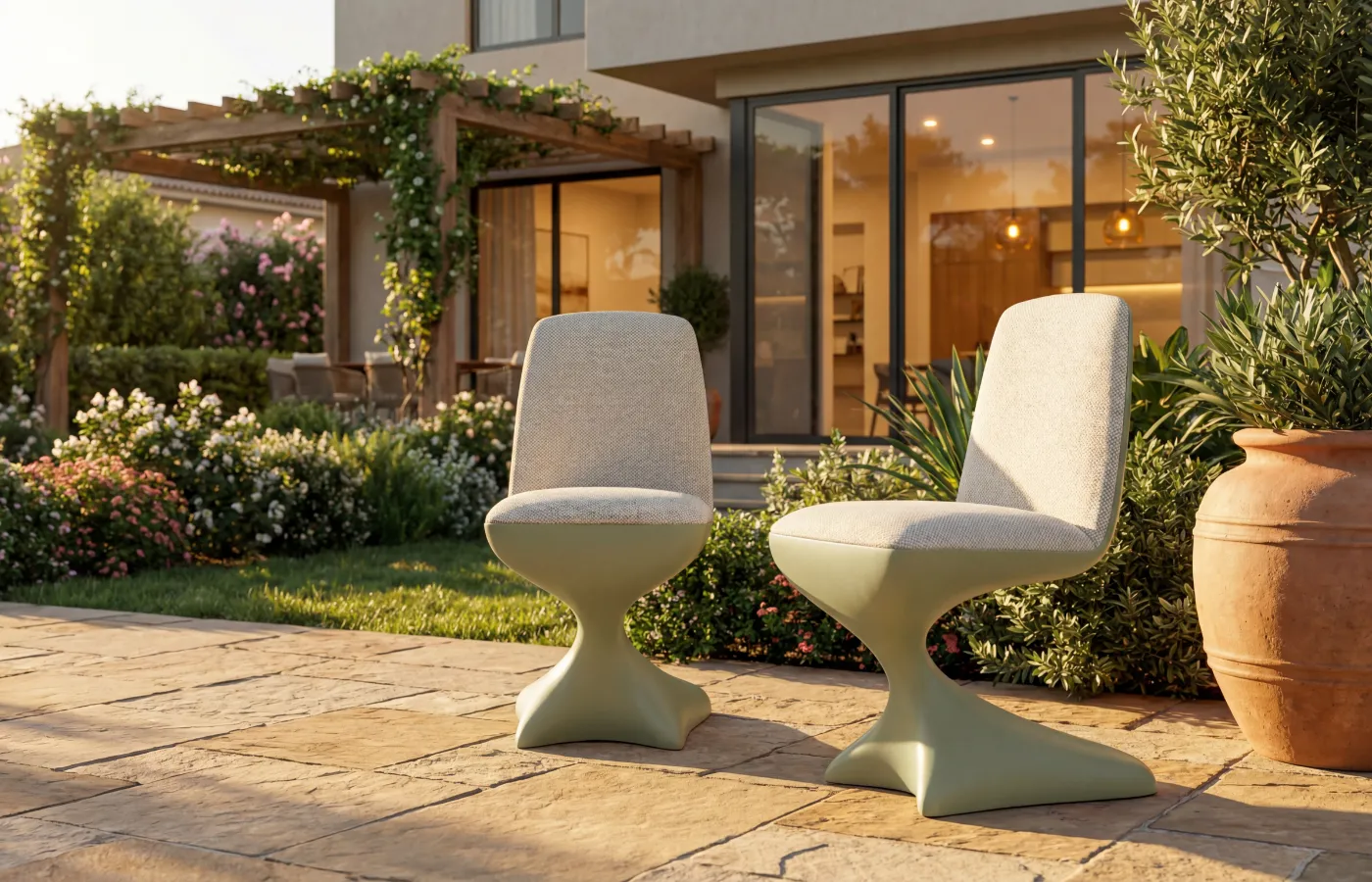 Alyna chairs in green on contemporary garden with greenery and modern architecture.