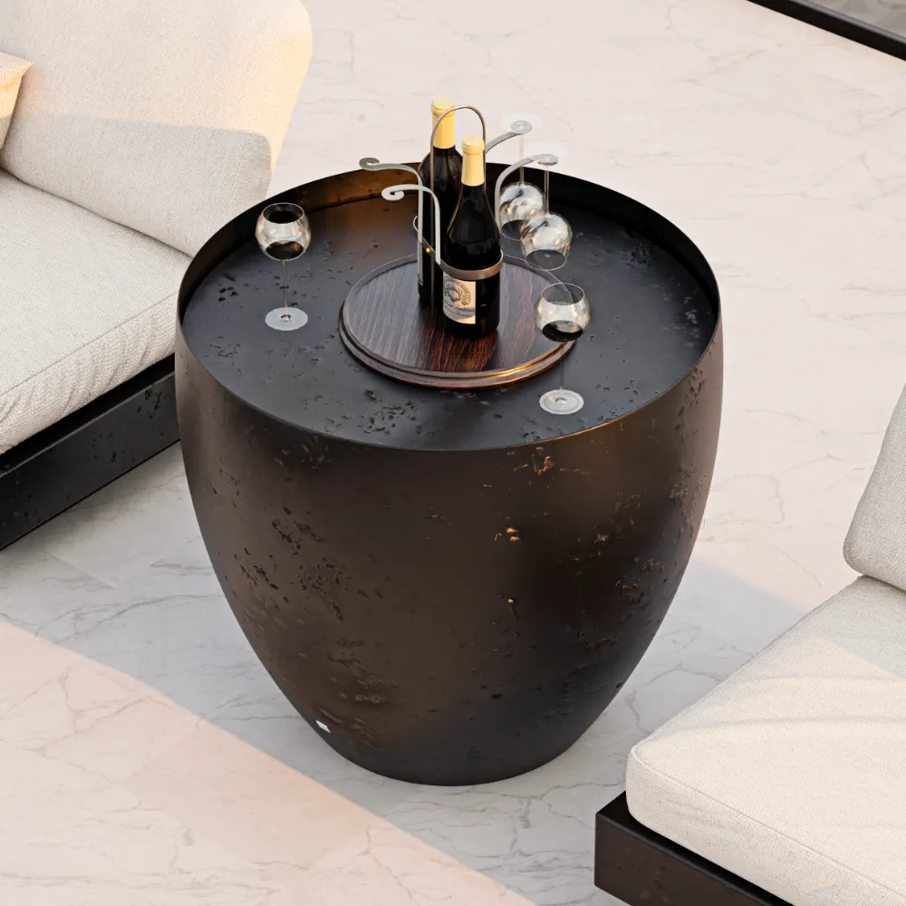 Vista em detalhe superior da mesa bar Barrel com acabamento em textura vulcânica.