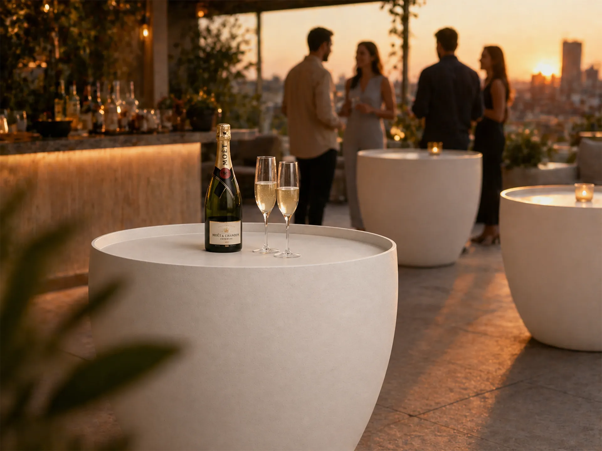 Outdoor lounge bar with multiple Barrel bar tables in white with sunset view