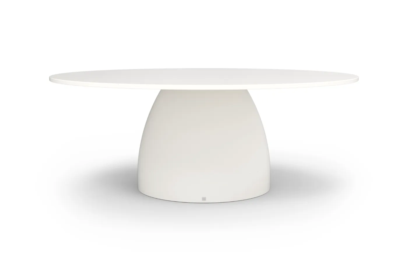 Mesa de jantar Barrel branca com tampo redondo e base central alargada, apresentada de frente sobre fundo branco.