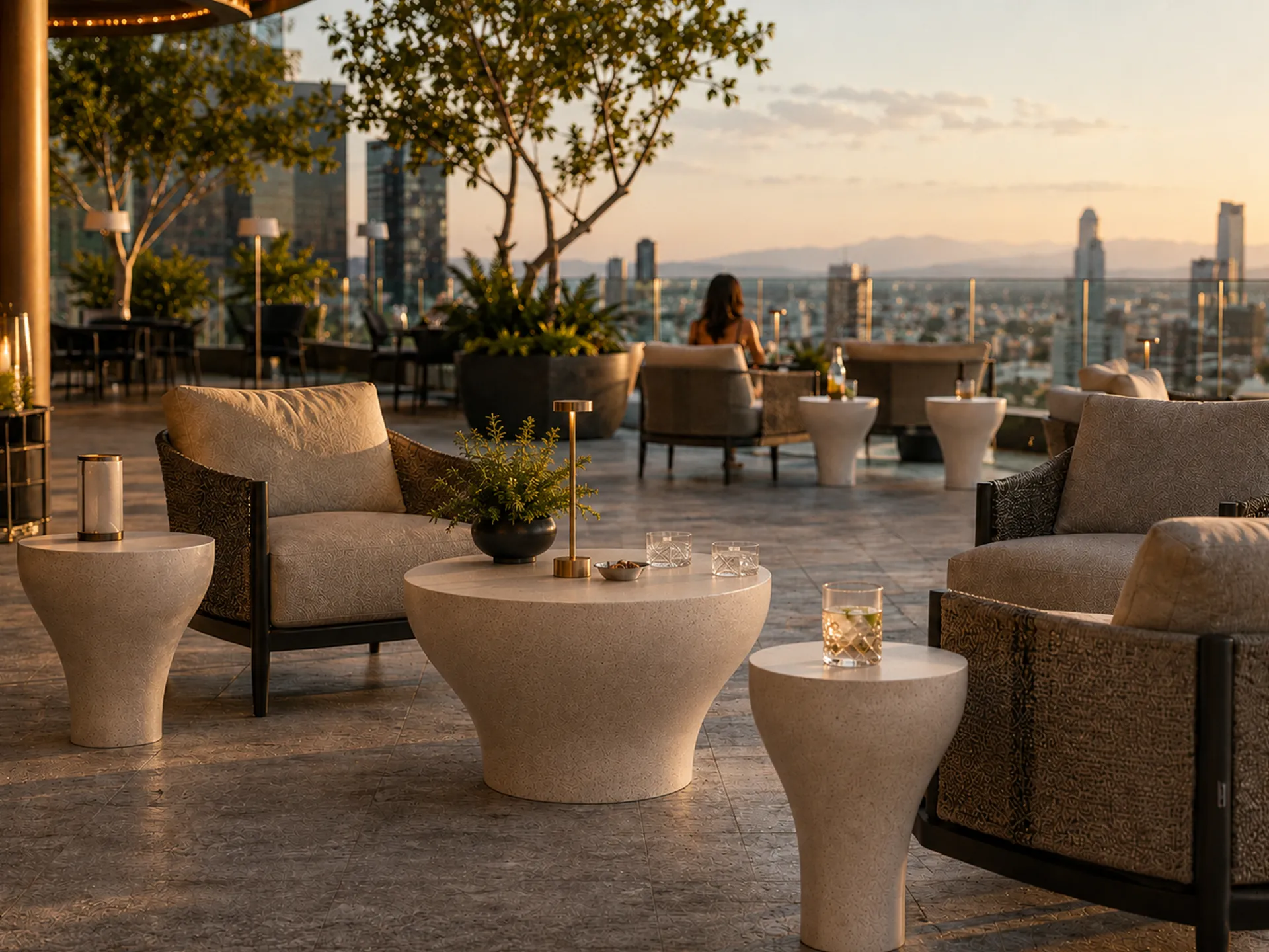 A bar terrace with a city view, featuring several sets of white Bloom coffee tables and comfortable lounge chairs.