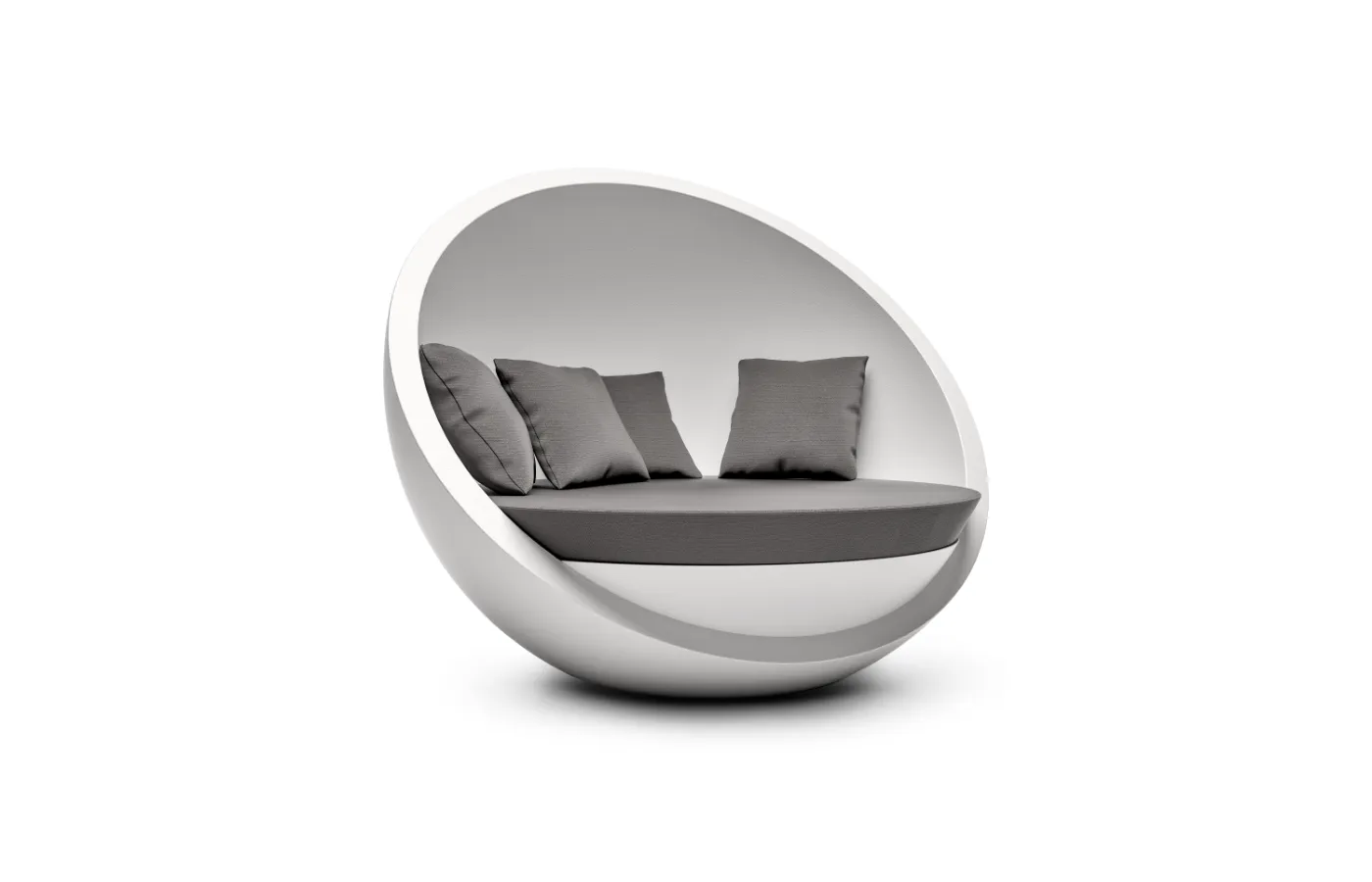Bola outdoor sofa with white circular shell and grey cushioned seat shown against a neutral background.