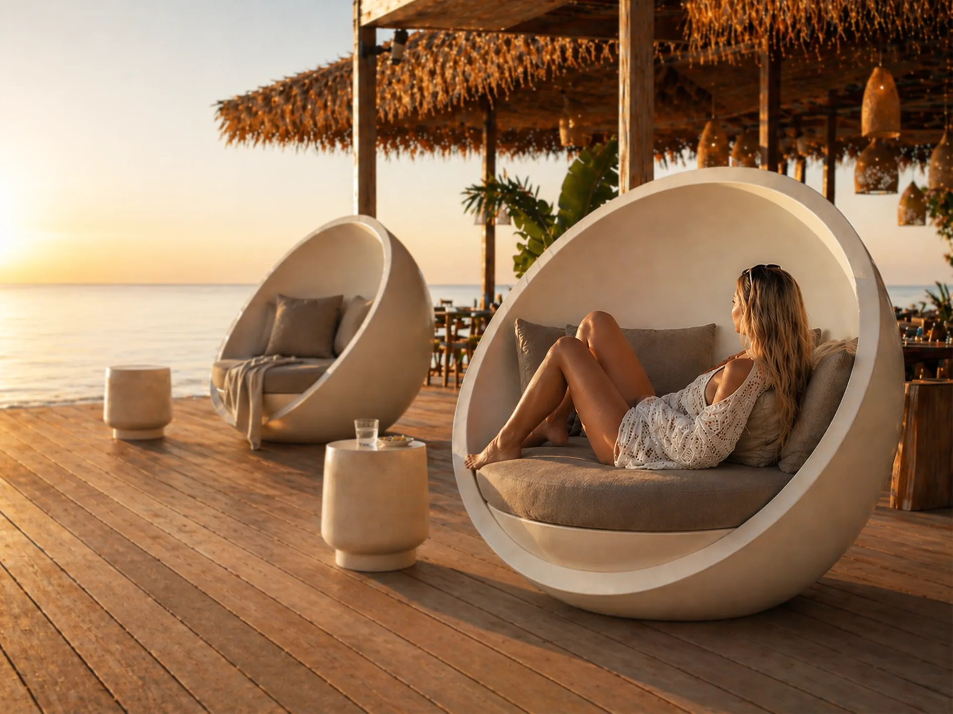 Ambiente de esplanada junto ao mar com dois sofás Bola em branco e mulher deitada