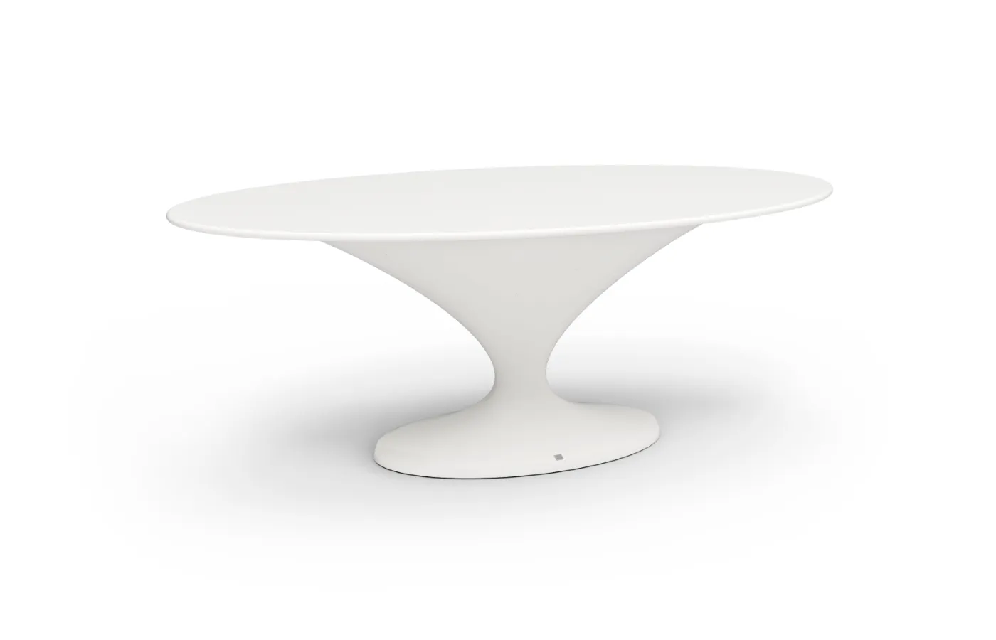 Charm white dining table with an oval top and curved central base, shown in angled view on a white background.