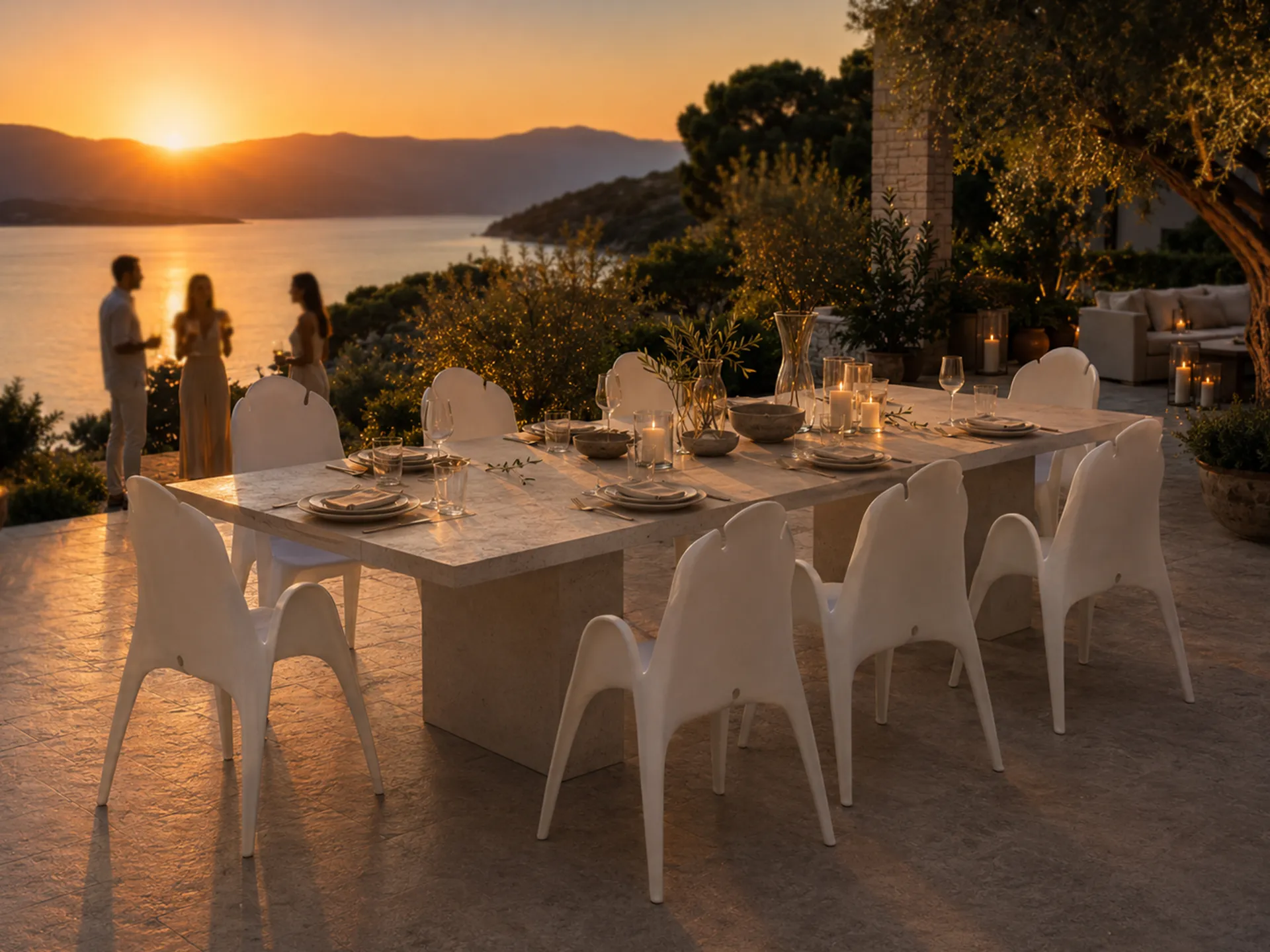 The outdoor balcony of a luxury villa with river views, featuring a set of white Cibelle chairs arranged around a white rectangular dining table.