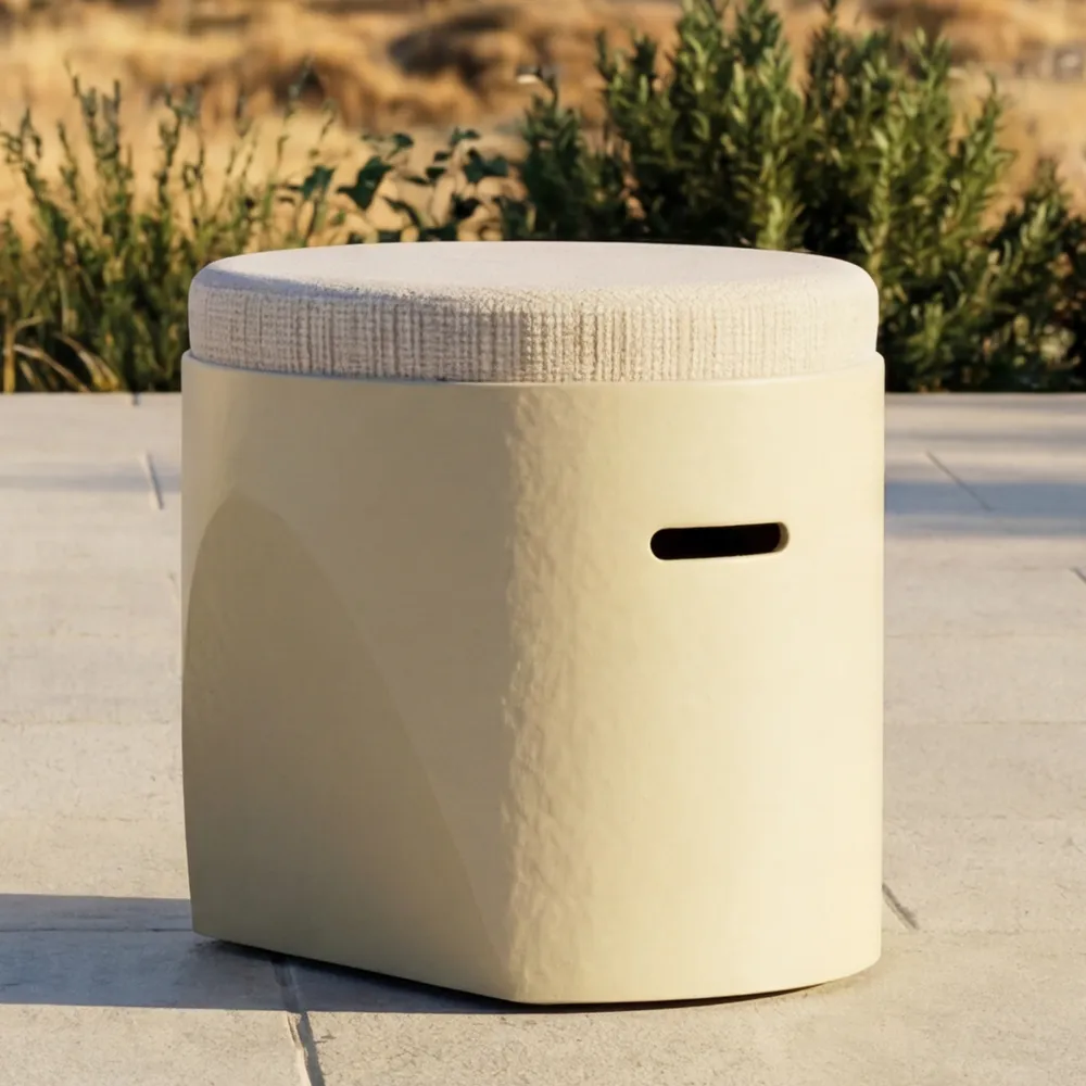 Detail of the Cloe stool in white with a cushioned seat, compact volume and side opening integrated into the frame.