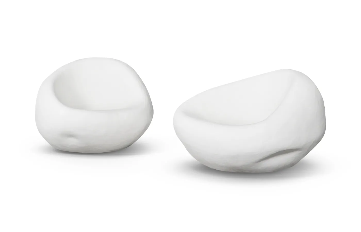 Front and side views of the Cobble outdoor sofa in white, showing its rounded organic shape and integrated backrest against a neutral background.