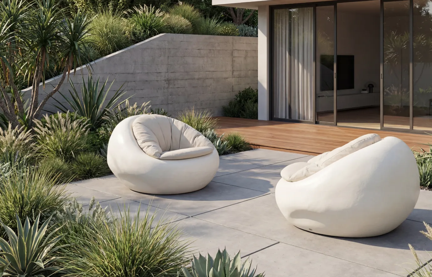 Sofás Cobble em branco dispostos num terraço com jardim, com formas orgânicas e assentos almofadados junto a uma habitação.