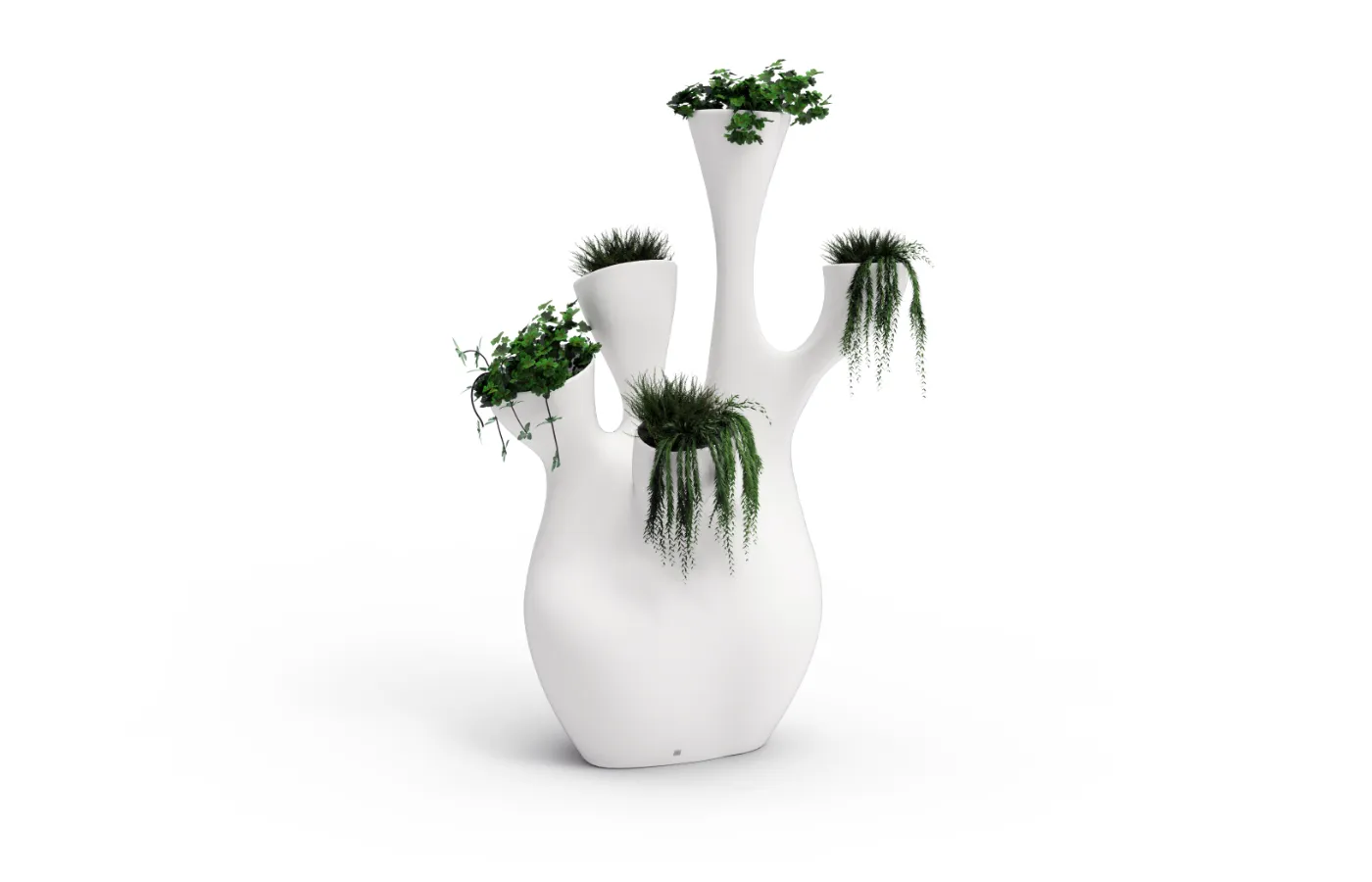 Floreira Coral com corpo vertical ramificado e plantas distribuídas nas aberturas superiores sobre fundo neutro.