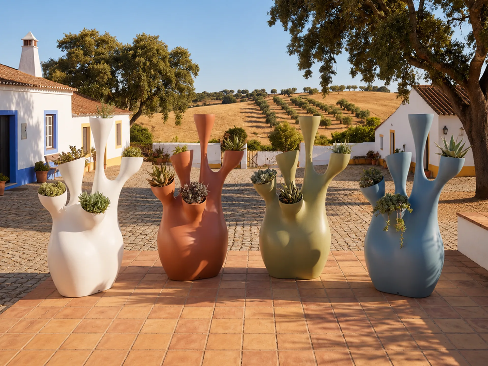 Coral planters in different colours, with a branched body and plants placed in the upper openings in an outdoor courtyard.