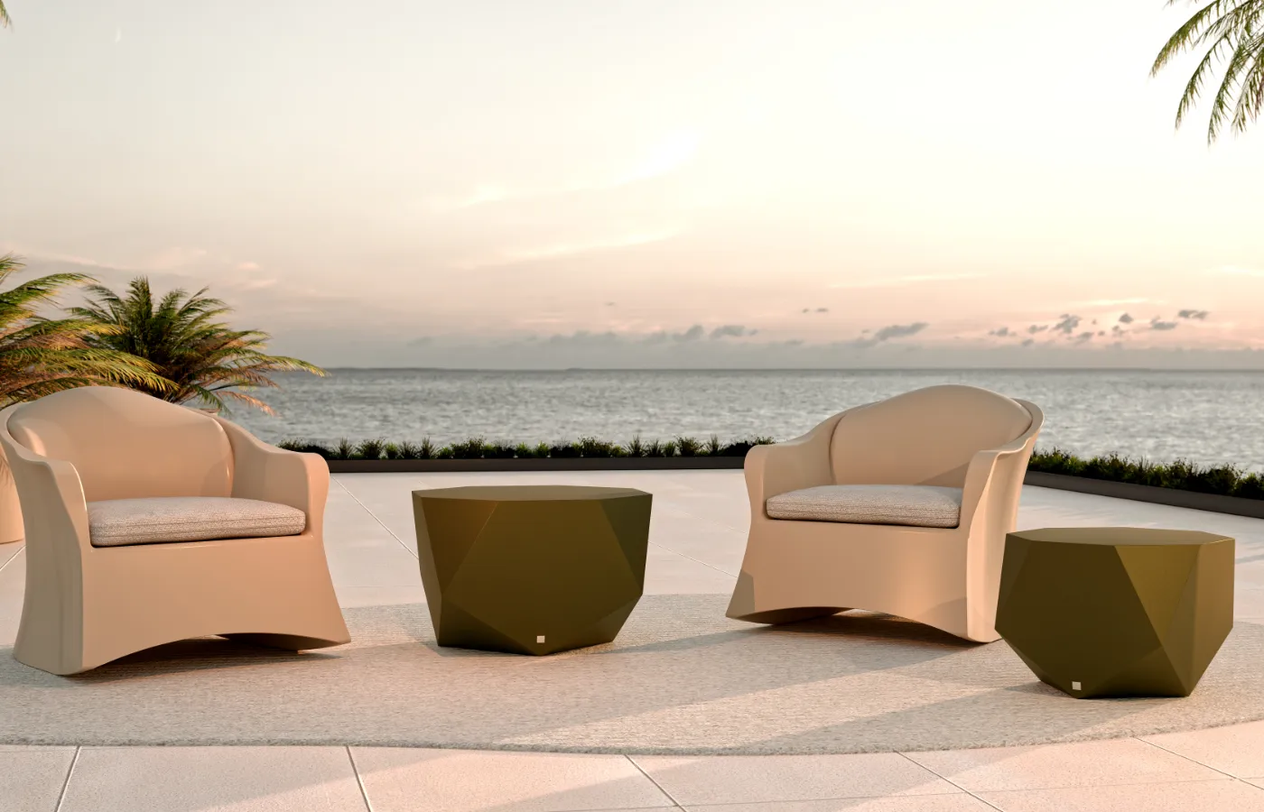 Mesas de apoio Diamond para exterior em acabamento verde mate, integradas numa zona lounge com poltronas Brisa junto ao mar.