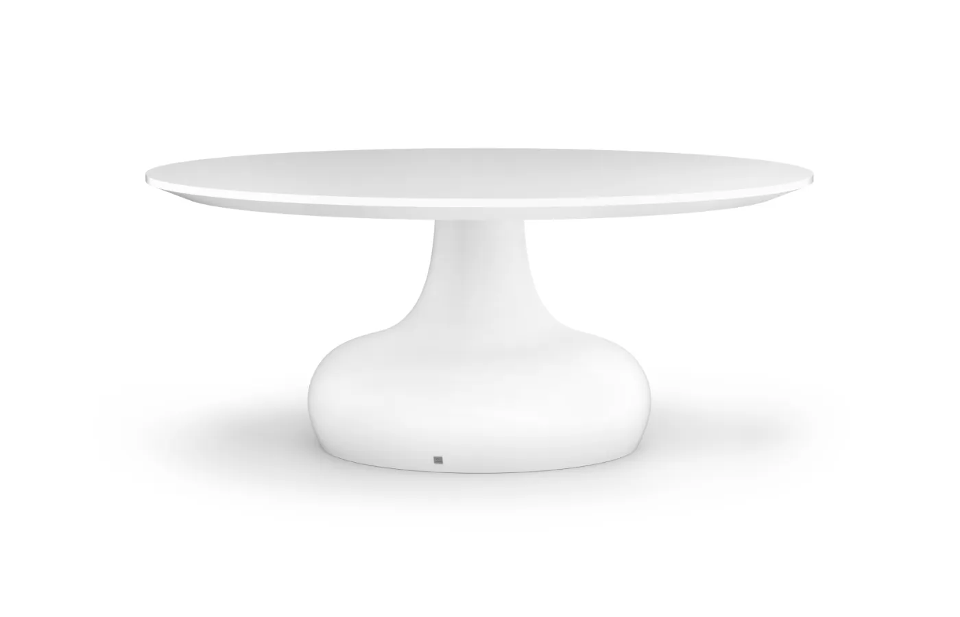 A white Dora dining table with a thin round top and rounded central base, shown front-facing on a white background.