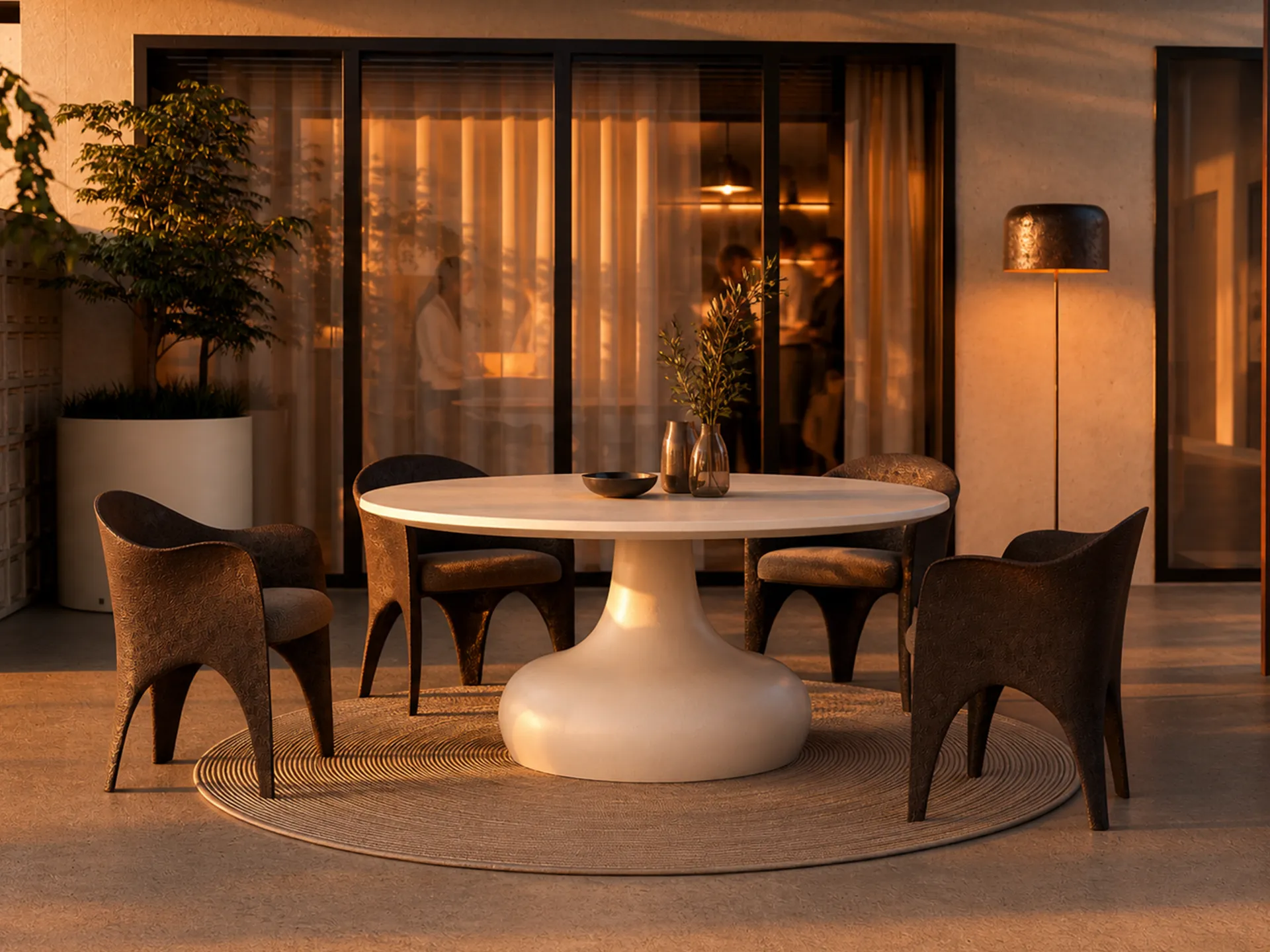 A white Dora dining table on an outdoor terrace, with a round top and a substantial central base, surrounded by four Oceano chairs.