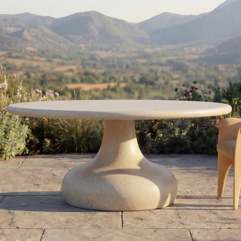 Detail of the Dora dining table in a sand-color finish, showing the round top and textured rounded central base on an outdoor terrace.