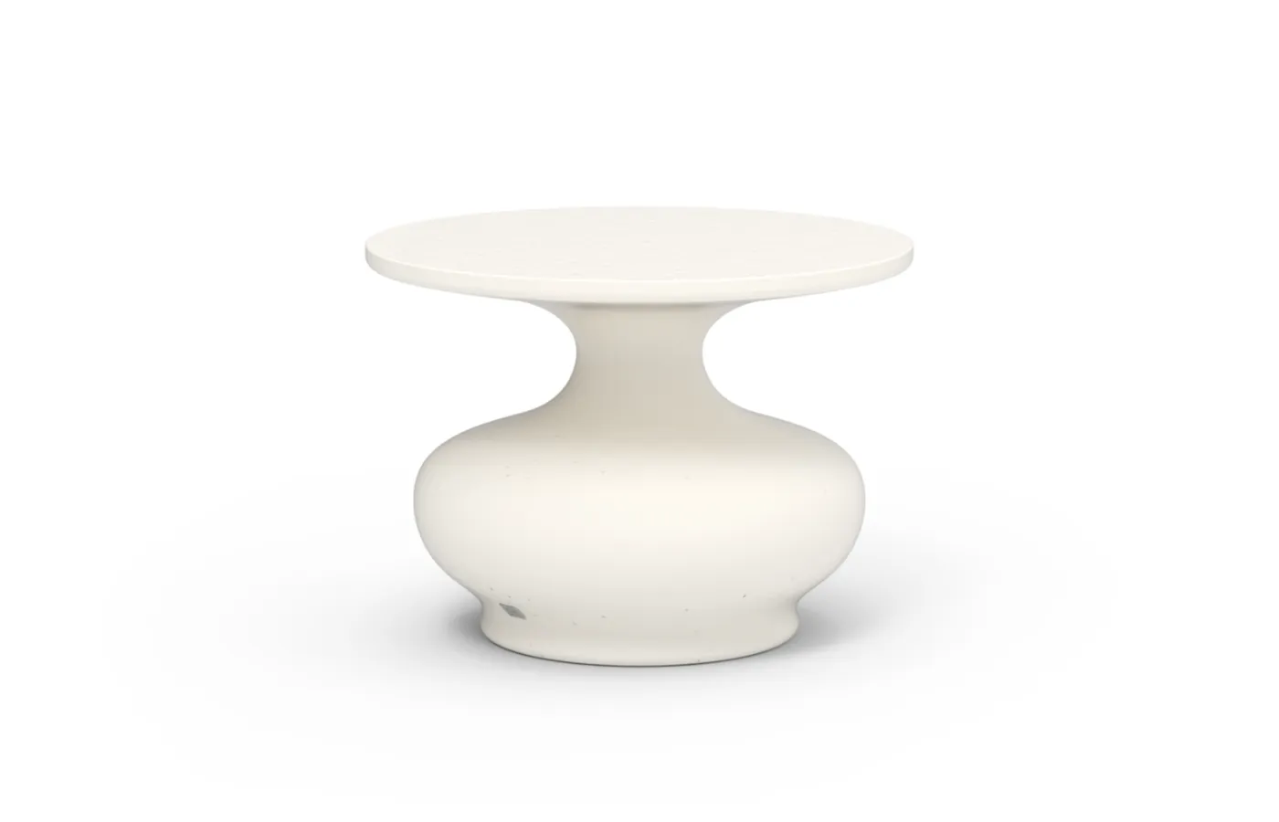 Doris outdoor side table in white with a round top and voluminous central base, shown isolated against a neutral background.