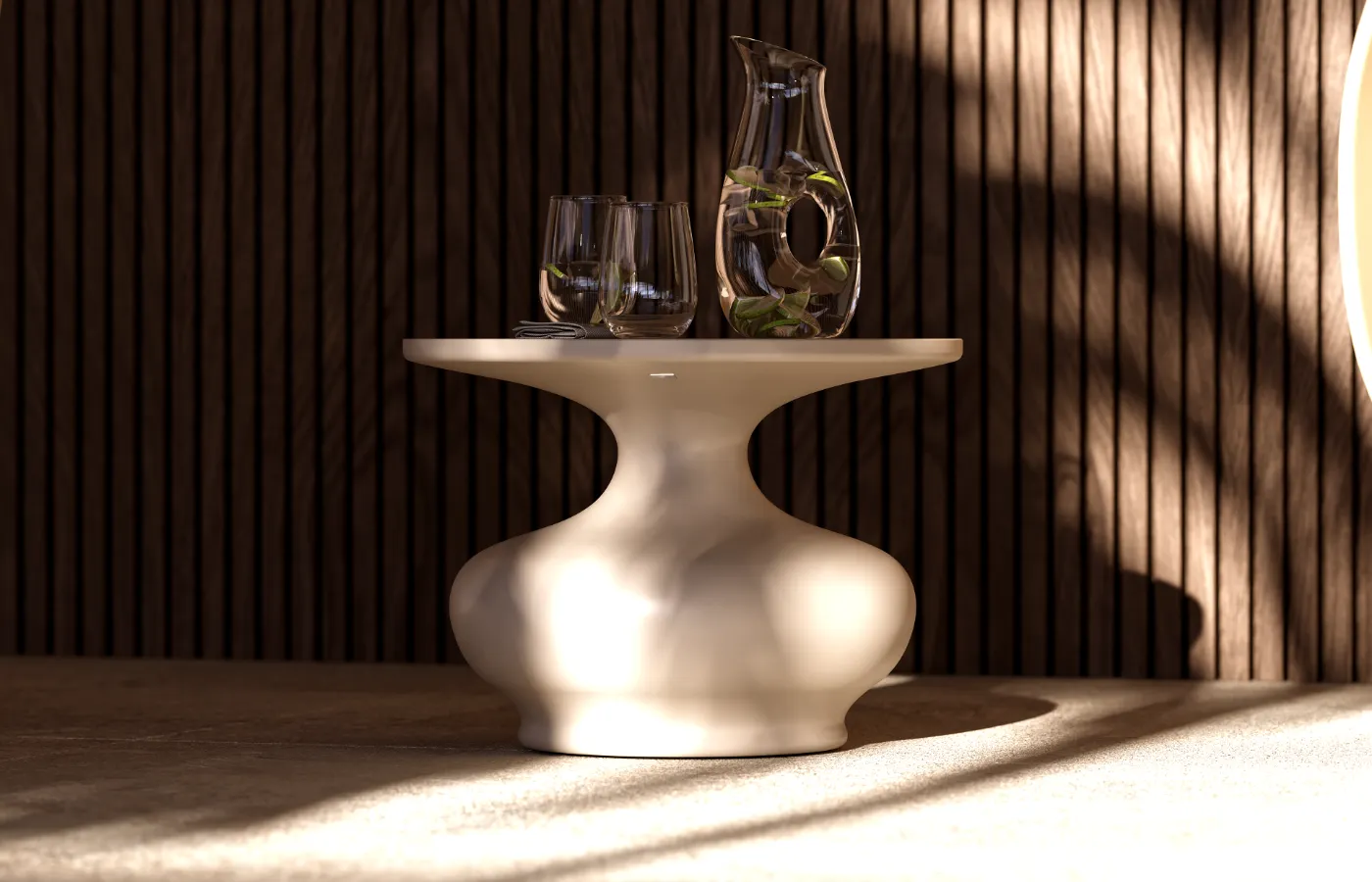 Doris outdoor side table in matte white, placed in a lounge setting with a slatted wood wall in the background.