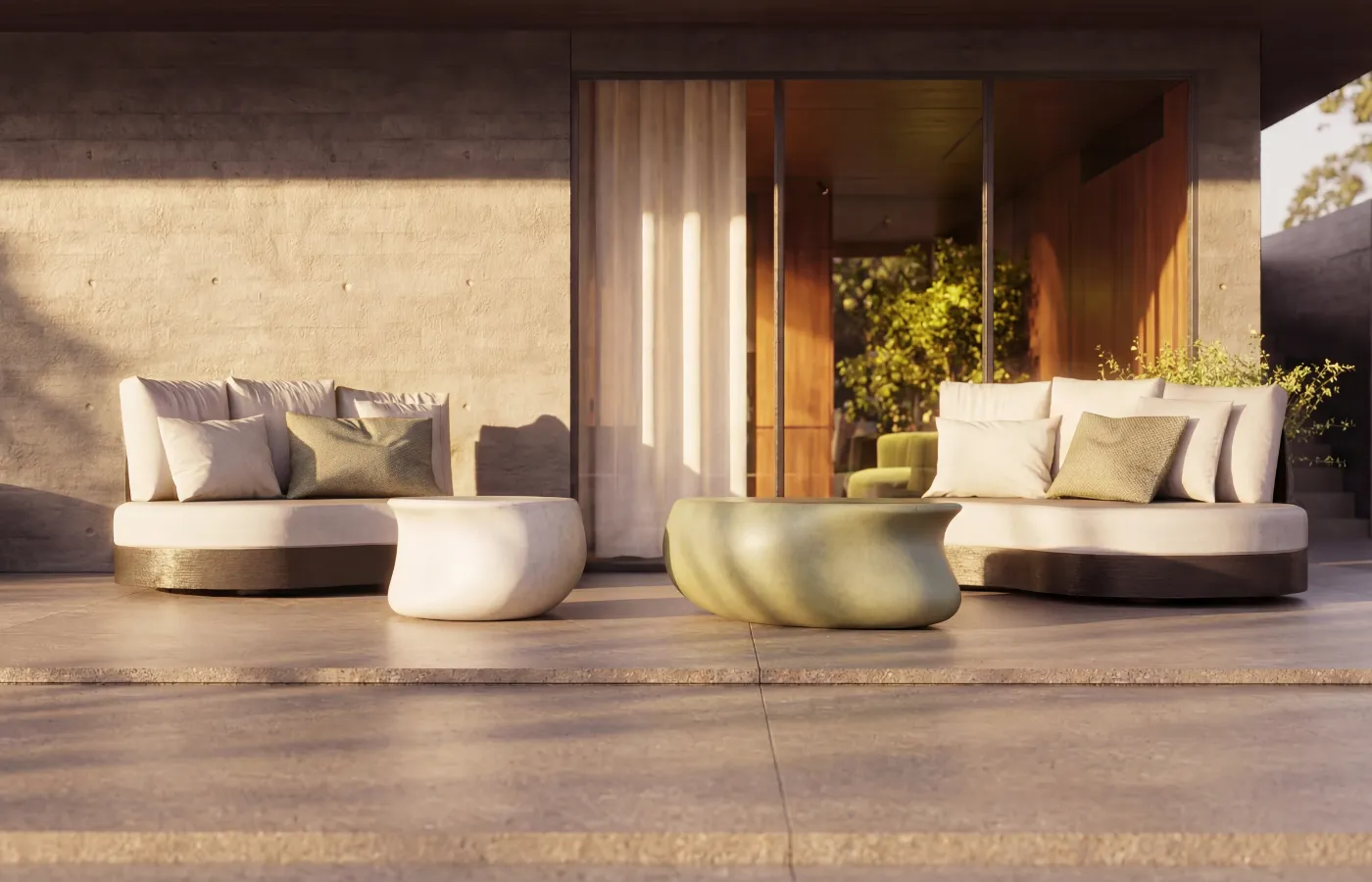 Mesas de centro e apoio Echo para exterior em acabamentos branco e verde, integradas numa zona lounge com sofás Harmony em terraço coberto.