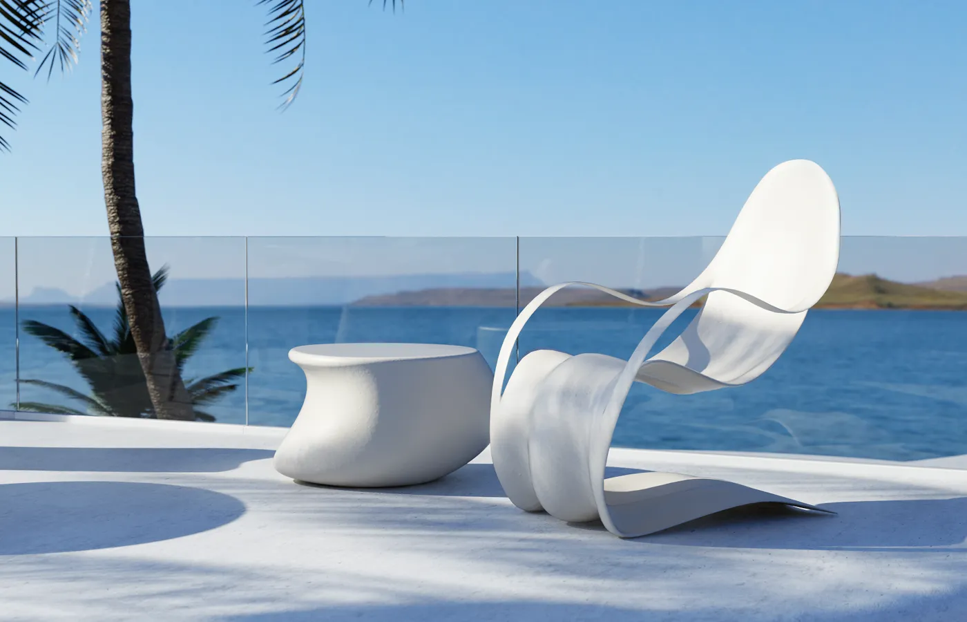 Flex armchair with Echo side table in white on an outdoor terrace overlooking the sea, highlighting the continuous curved structure and cantilever rocking base.
