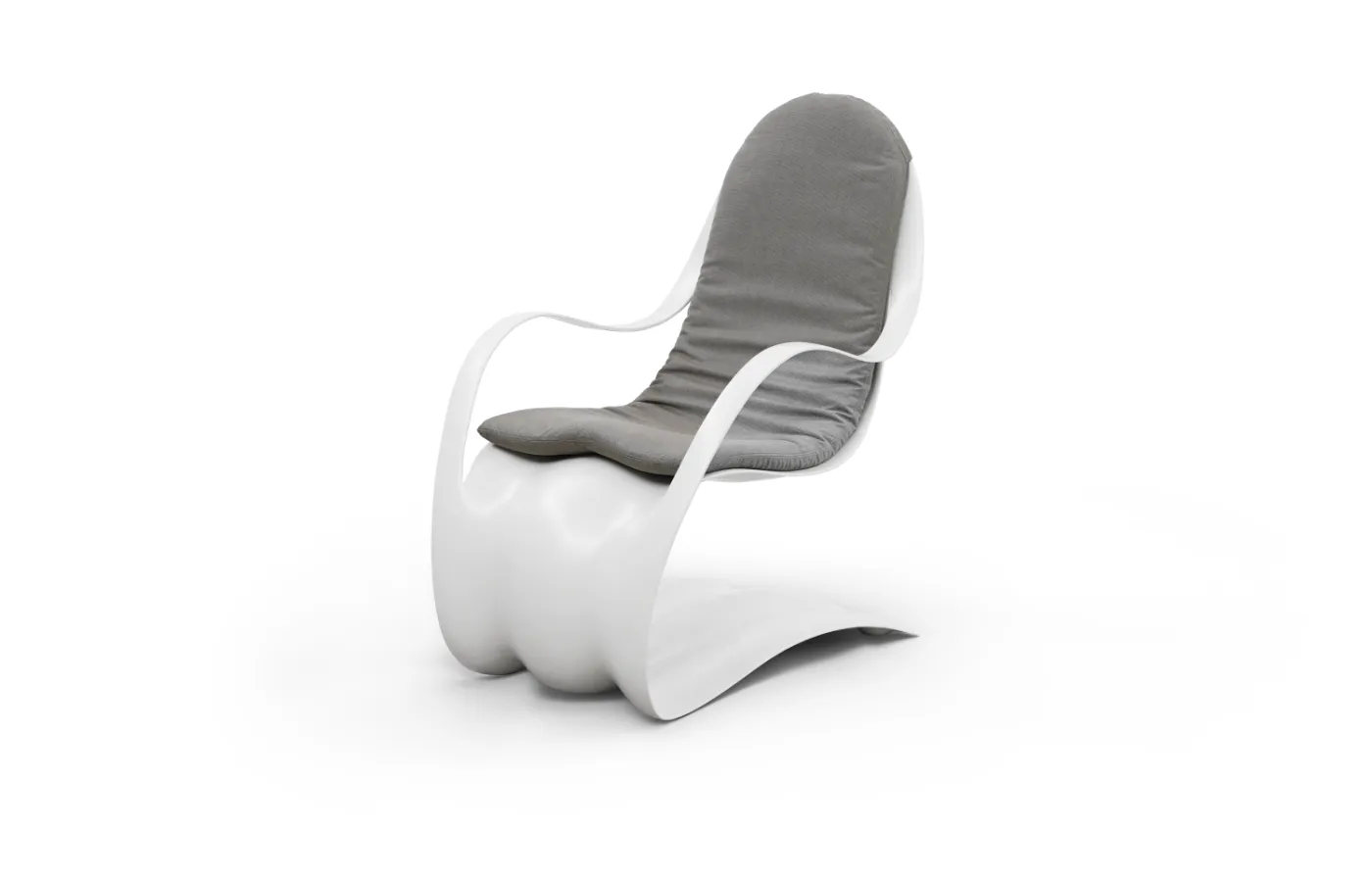 Poltrona Flex em branco com coxim, estrutura curva aberta e base em balanço, apresentada em fundo neutro.