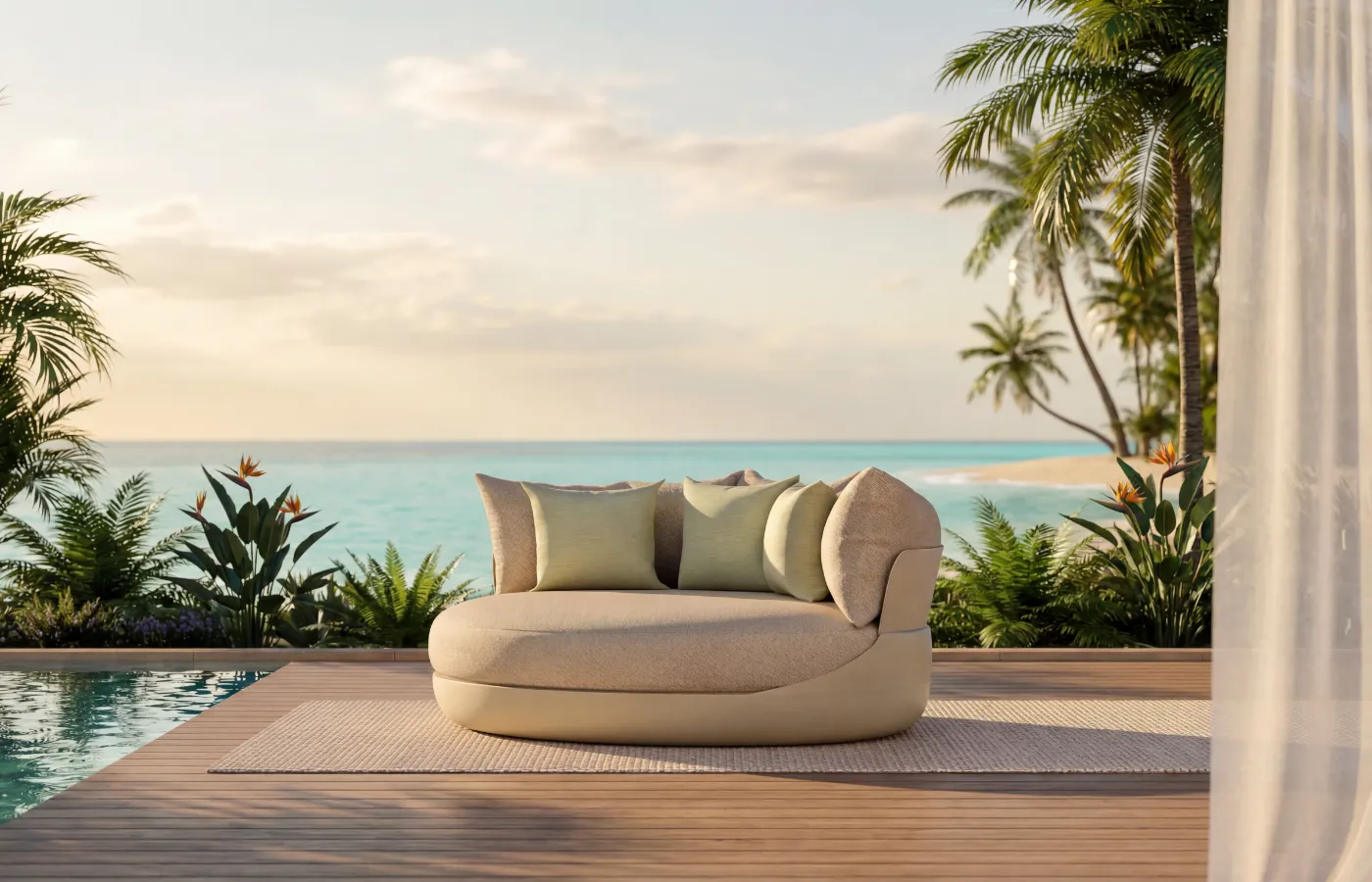 A white Harmony daybed in a tropical poolside setting, overlooking the sea and surrounding vegetation.