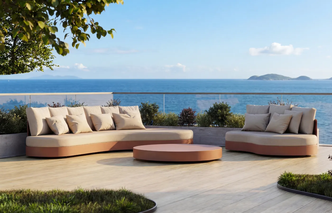 Terracota Harmony sofas with coffee table on a contemporary terrace overlooking the sea.