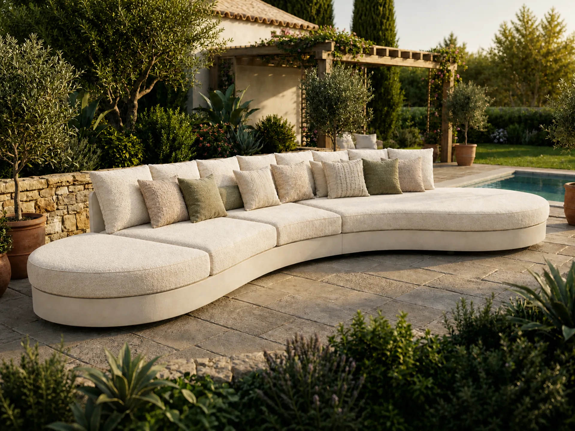 Sofá curvo Harmony em branco em terraço com piscina, rodeado por jardim mediterrânico.