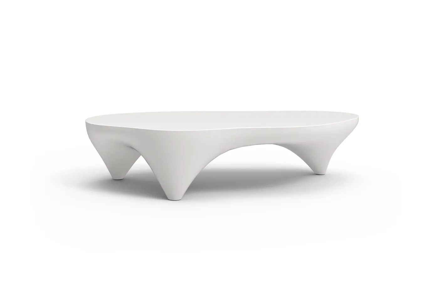 Ivory outdoor coffee table in white with an organic top and cut-out base, shown isolated against a neutral background.