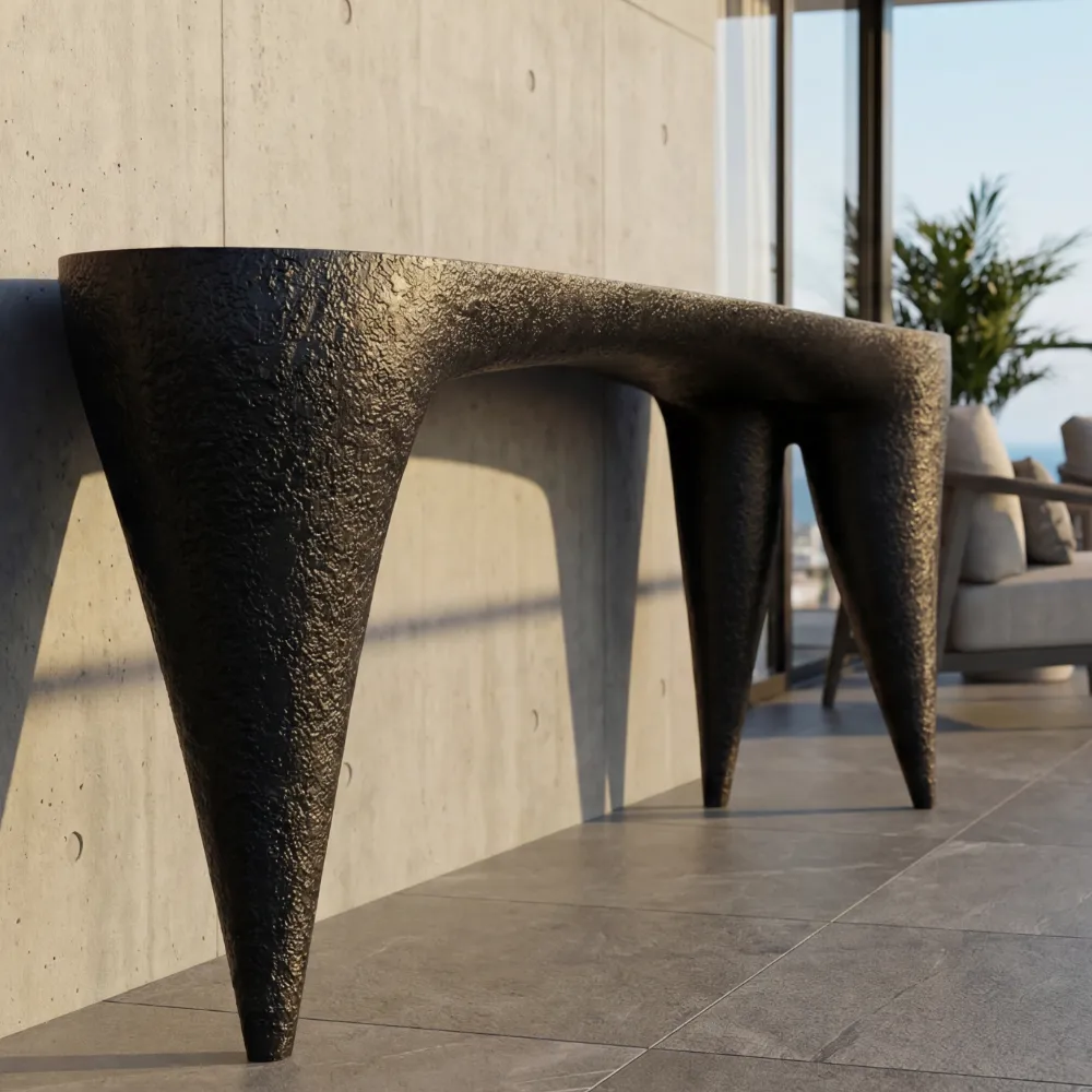 Vista em detalhe aproximado da consola Ivory com destaque para o seu acabamento em textura vulcânica.