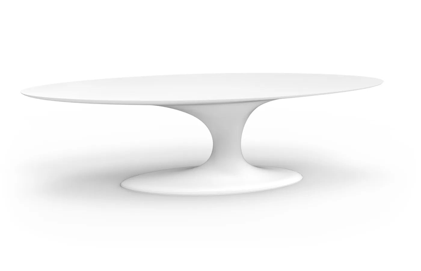 A white oval Jade dining table for outdoor with curved central base, shown isolated against a neutral background.