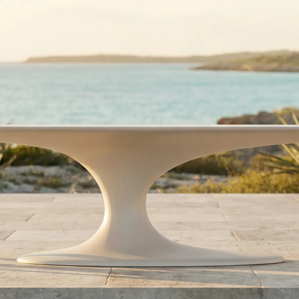 Detail of a white Jade outdoor dining table, highlighting the fluid central base and its smooth transition into the oval top.