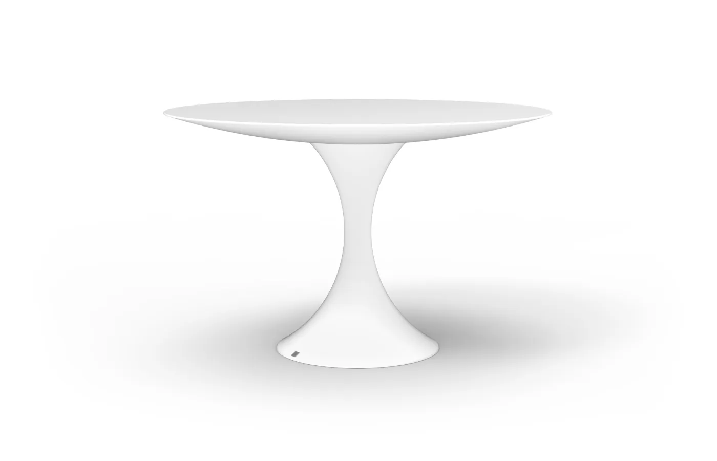 A white Jade round outdoor dining table with a slim top and curved central base, shown isolated against a neutral background.