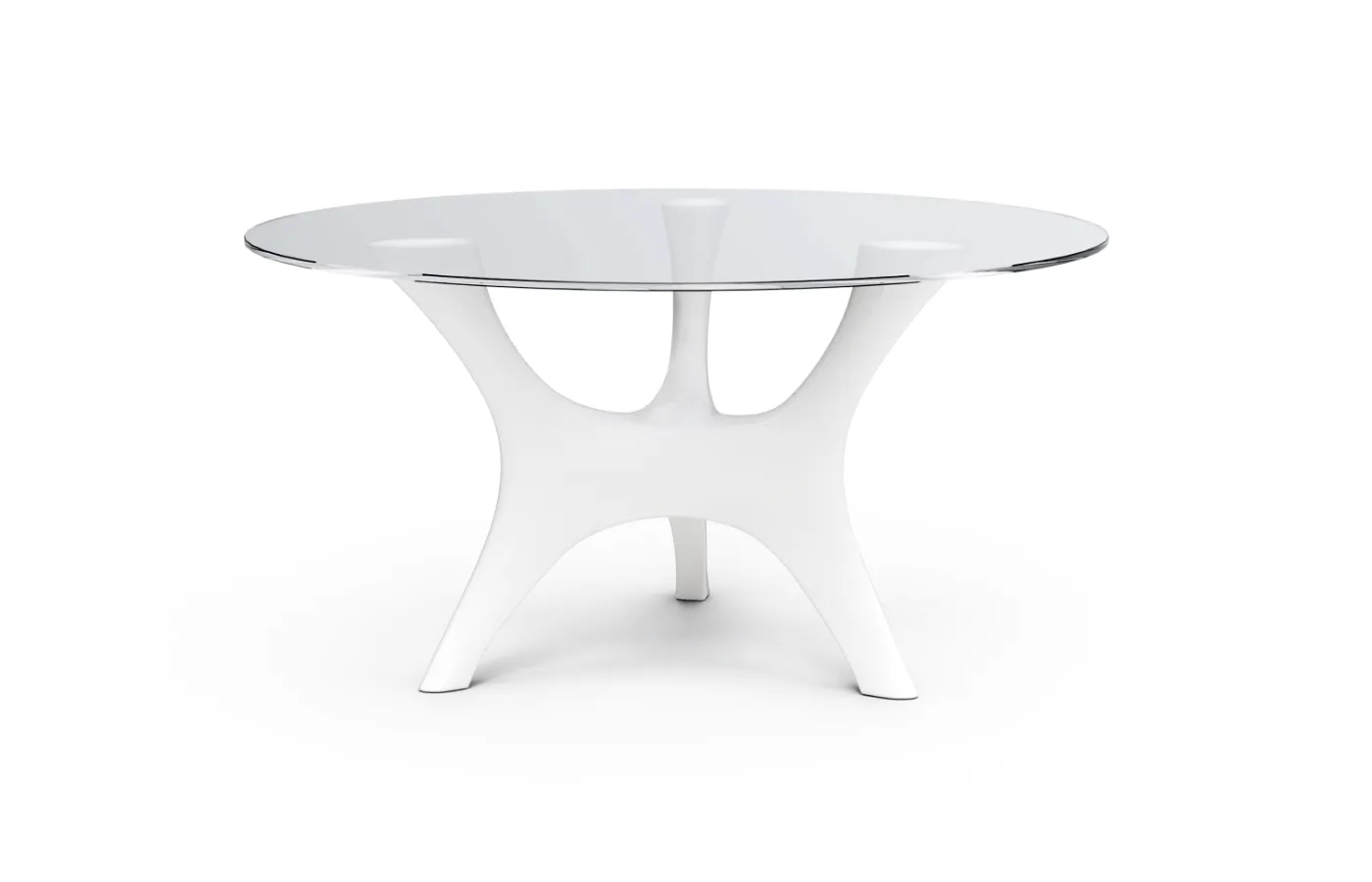 A white Kosmos outdoor dining table with a round glass top and white base with three curved supports, shown against a neutral background.