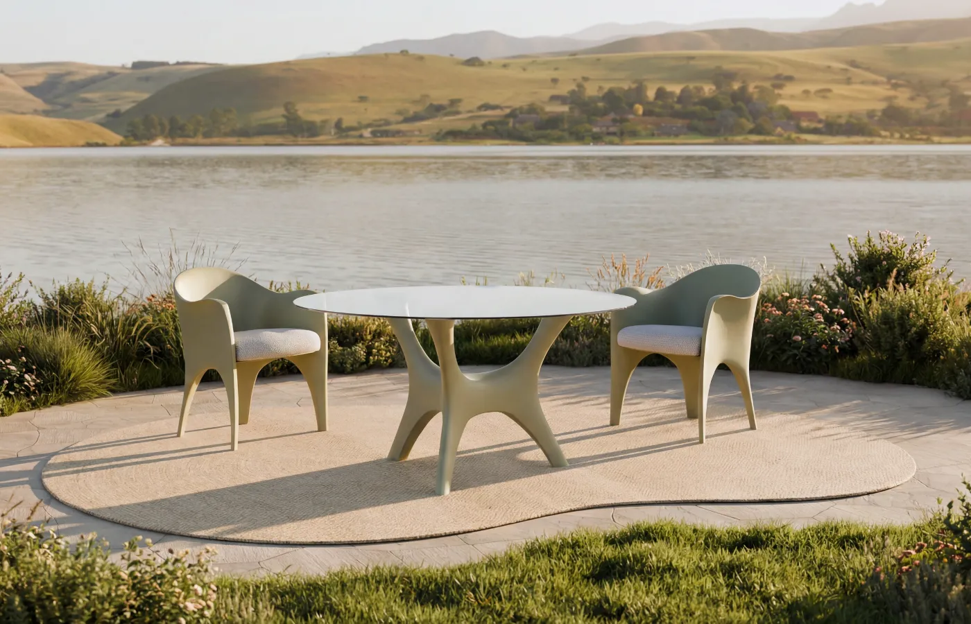 Mesa de jantar Kosmos em verde suave para exterior, entre duas cadeiras Oceano, numa zona lounge junto a um lago.