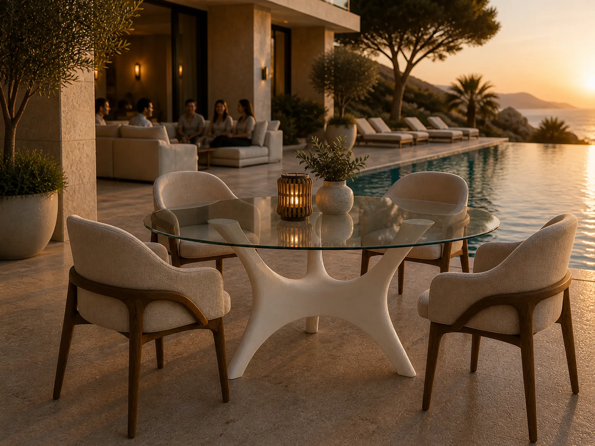 Mesa de jantar Kosmos branca com tampo em vidro em terraço exterior junto à piscina com cadeiras em madeira estofadas, com pessoas ao fundo sentadas em sofá.