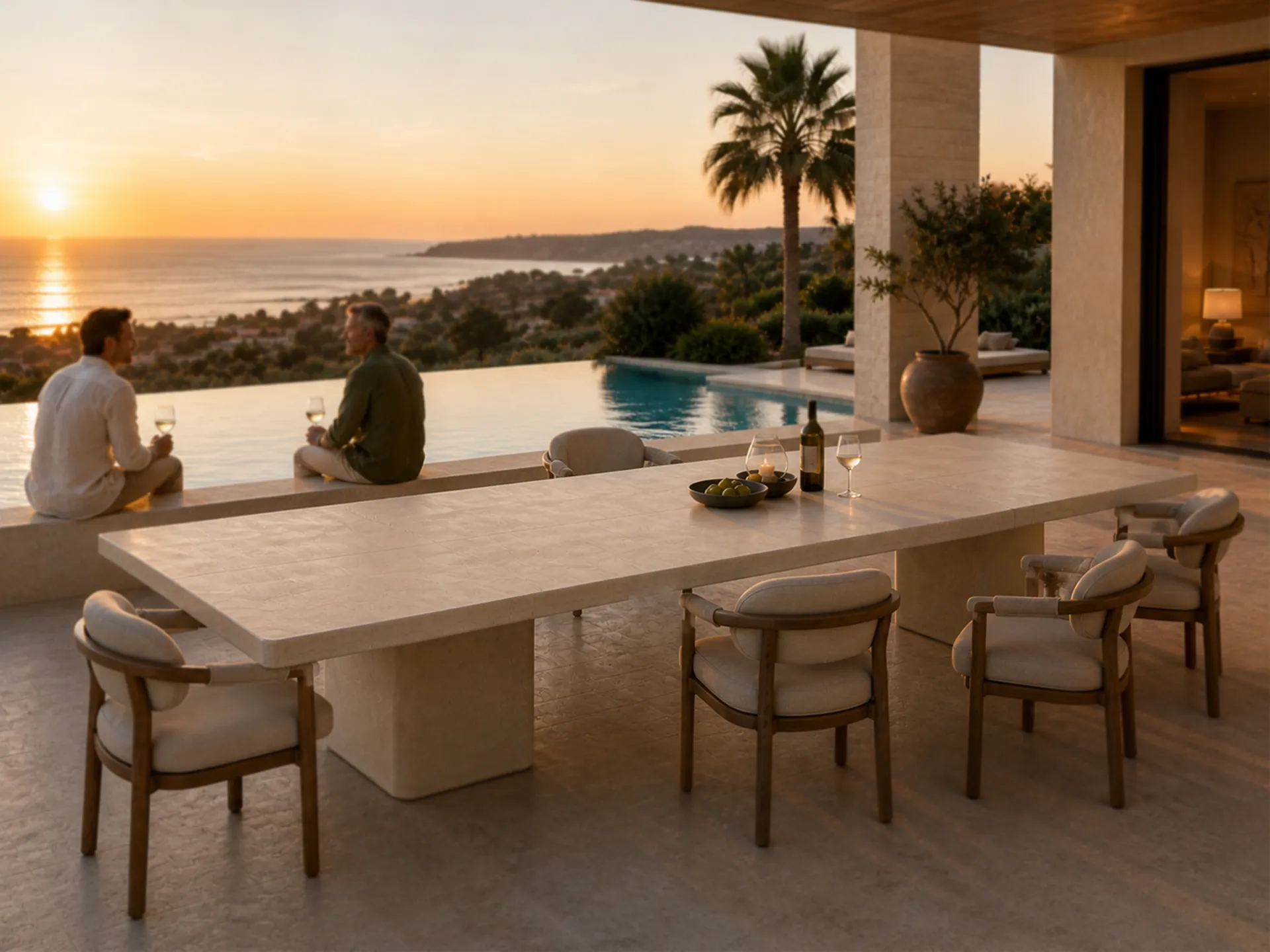 Mesa de jantar Lapidus em branco texturado em terraço exterior junto à piscina com cadeiras em madeira à volta.