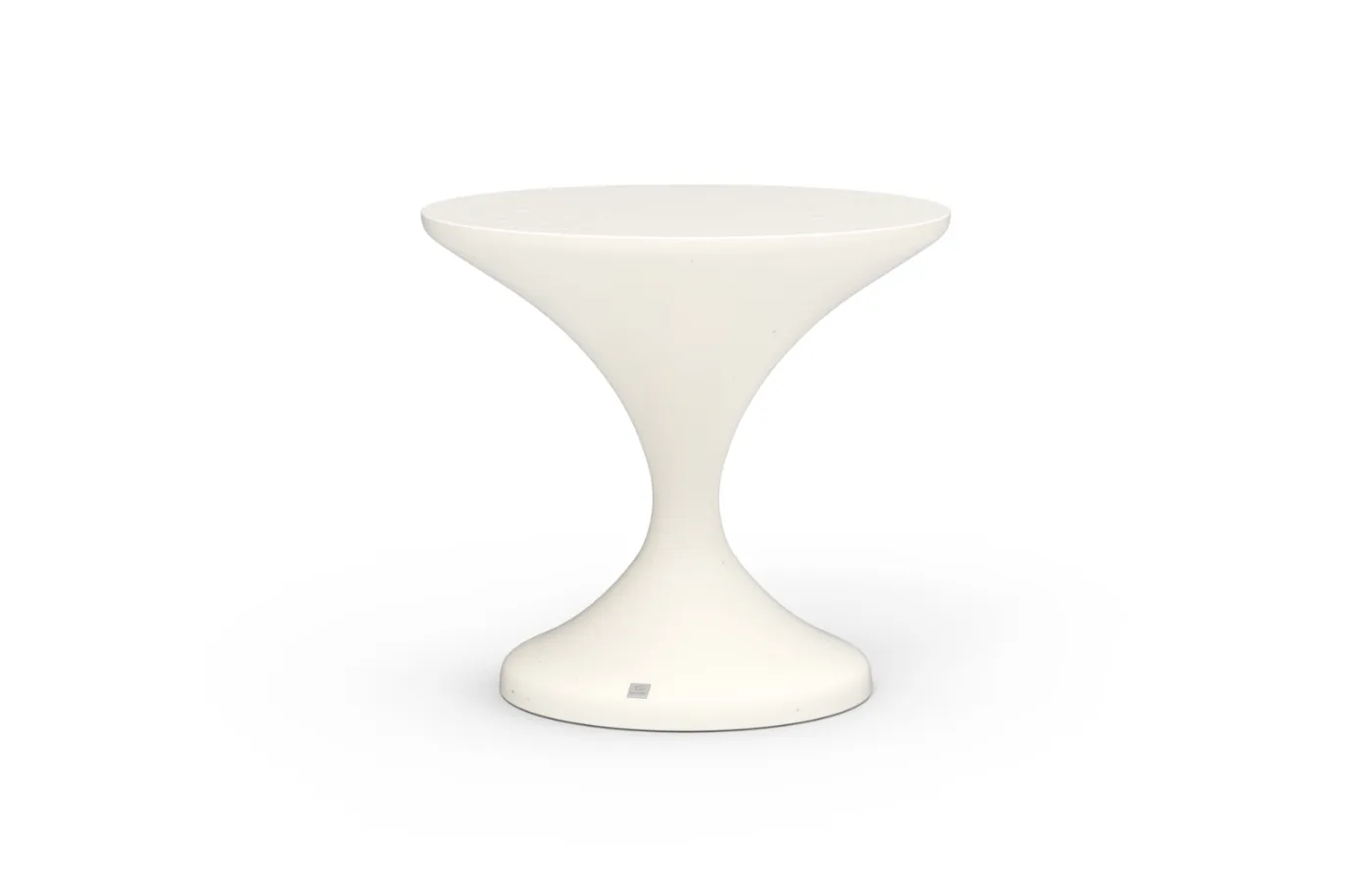 Lya outdoor side table in white with a round top and tapered central base, shown isolated against a neutral background.