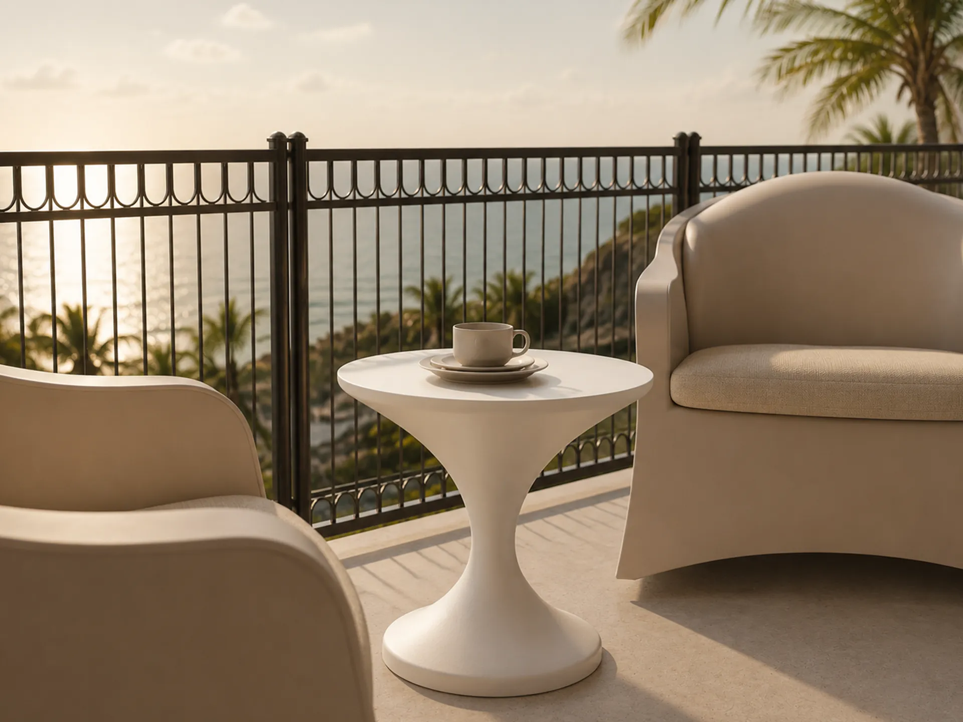 Ambiente de varanda com vista mar, com mesa de apoio Lya em branco e dois cadeirões Brisa.