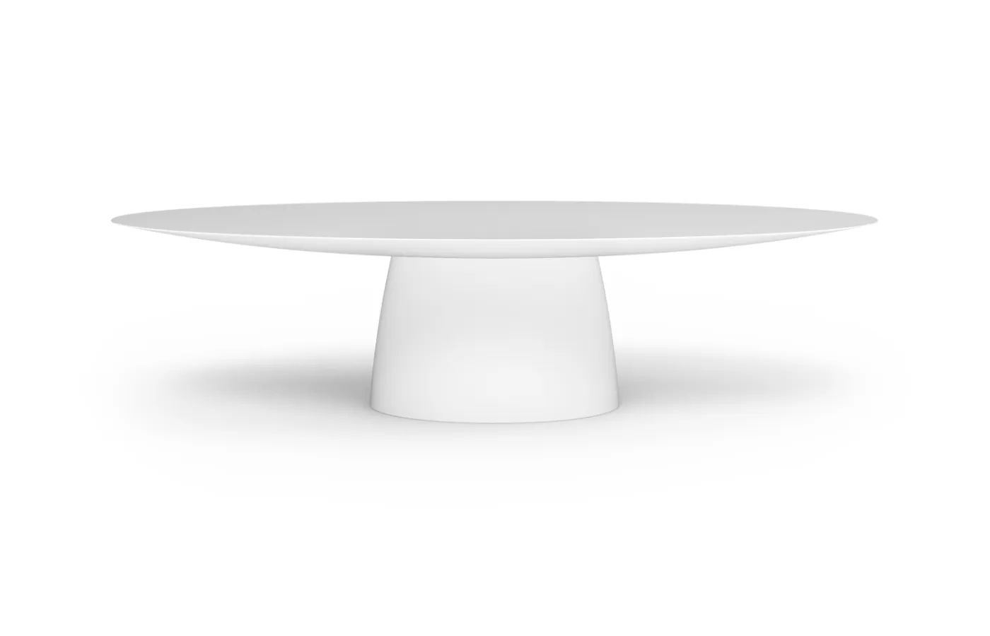 Magna oval outdoor dining table in matte white, with a slim top and wide central base, shown against a neutral background.