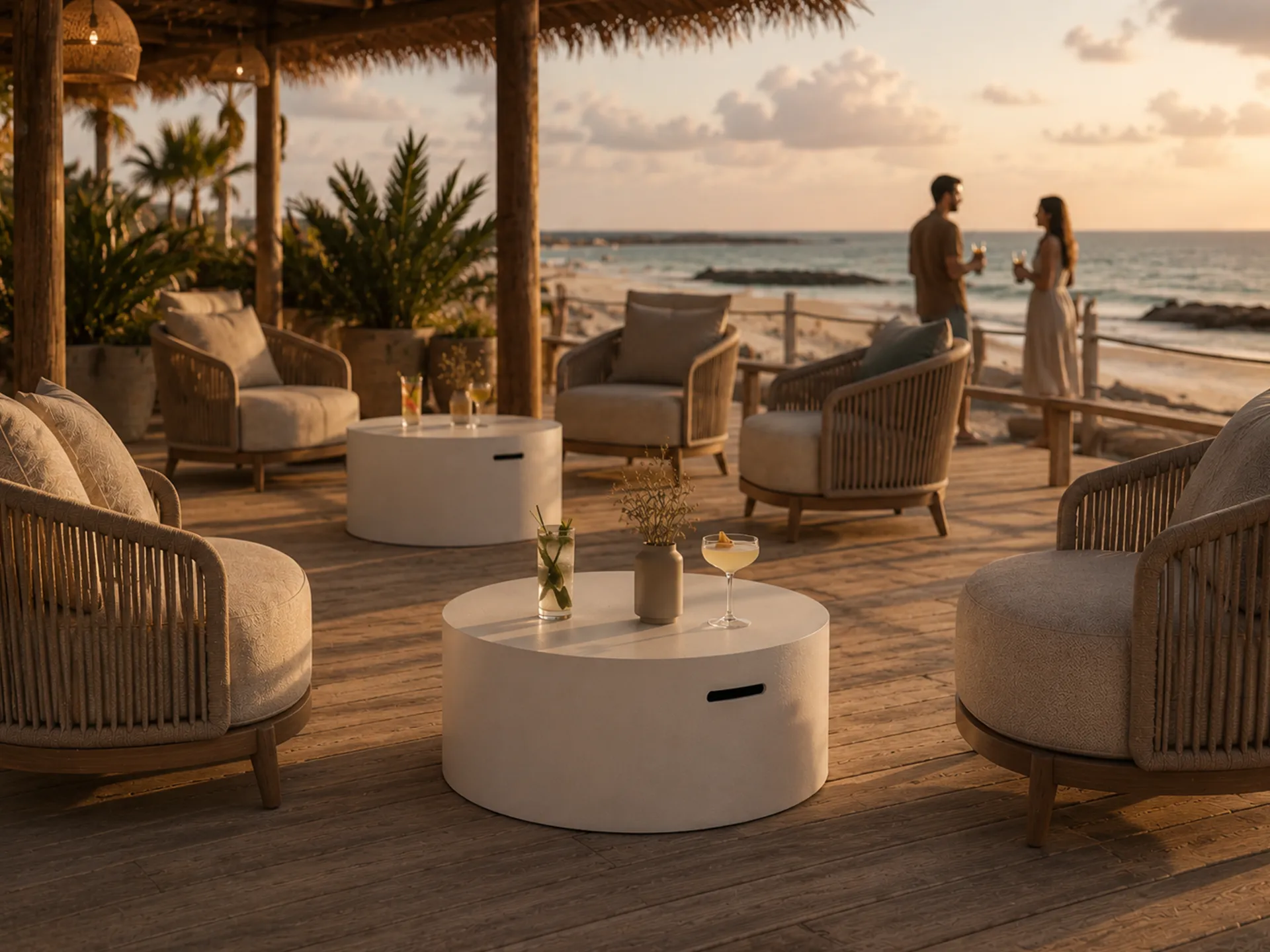 Ambiente de lounge bar exterior com vista por do sol, com vários conjuntos de mesa de centro Magnus branca e cadeirões relaxantes.