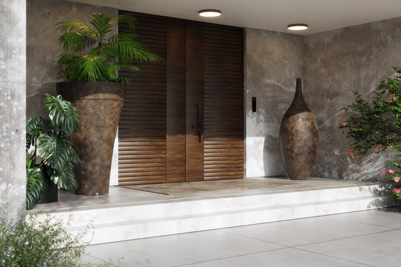 Set of Maximo and Gentle tall planters with forge texture finish in an outdoor setting by an entrance with wooden door and concrete walls.