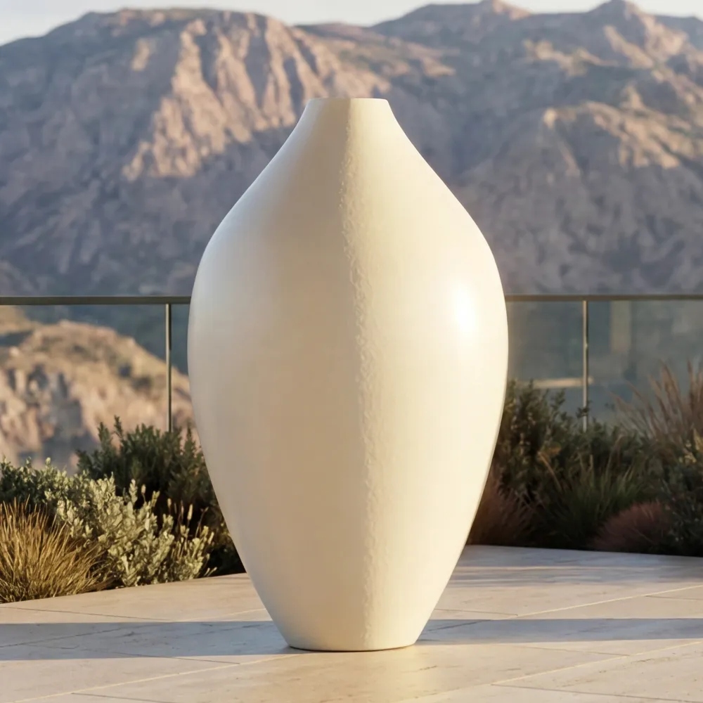 Close-up of the Nobel giant planter showing its white elongated body, narrow opening and smooth surface in an outdoor setting.