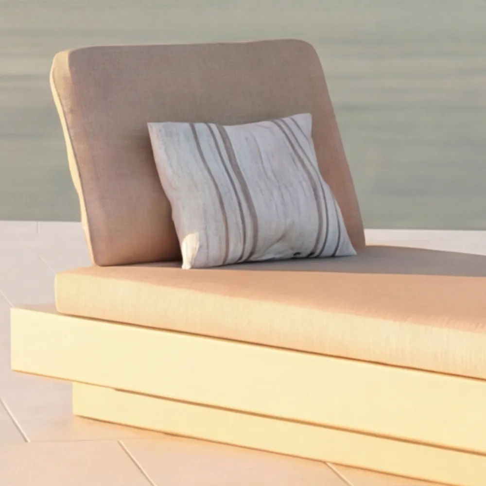 Close-up of the Nordic pool bed showing the cushioned mattress, inclined backrest and straight base.