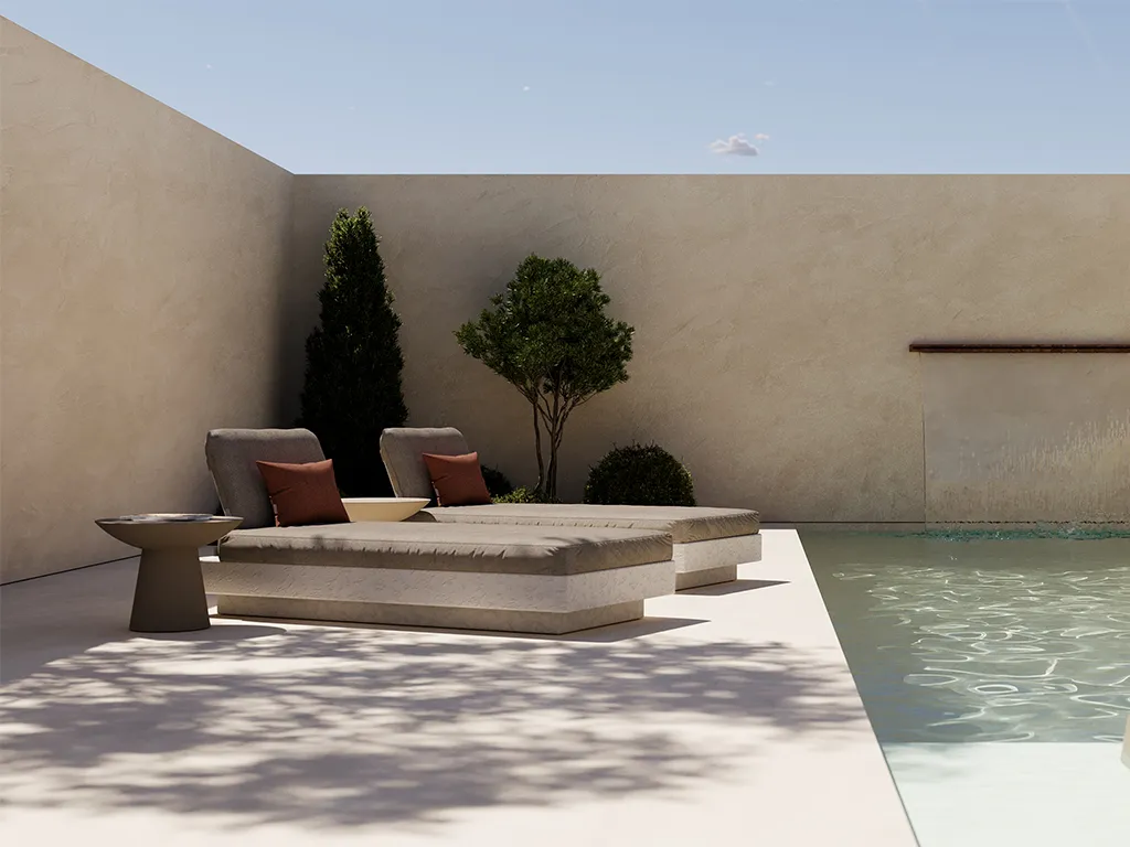 Nordic white pool beds arranged by the water, with a low base, cushioned mattresses and inclined backrests.