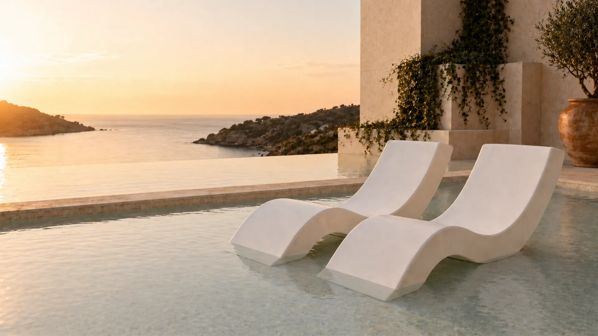Nordic white chaise longues placed in the pool, with a curved profile and sea view in the background.