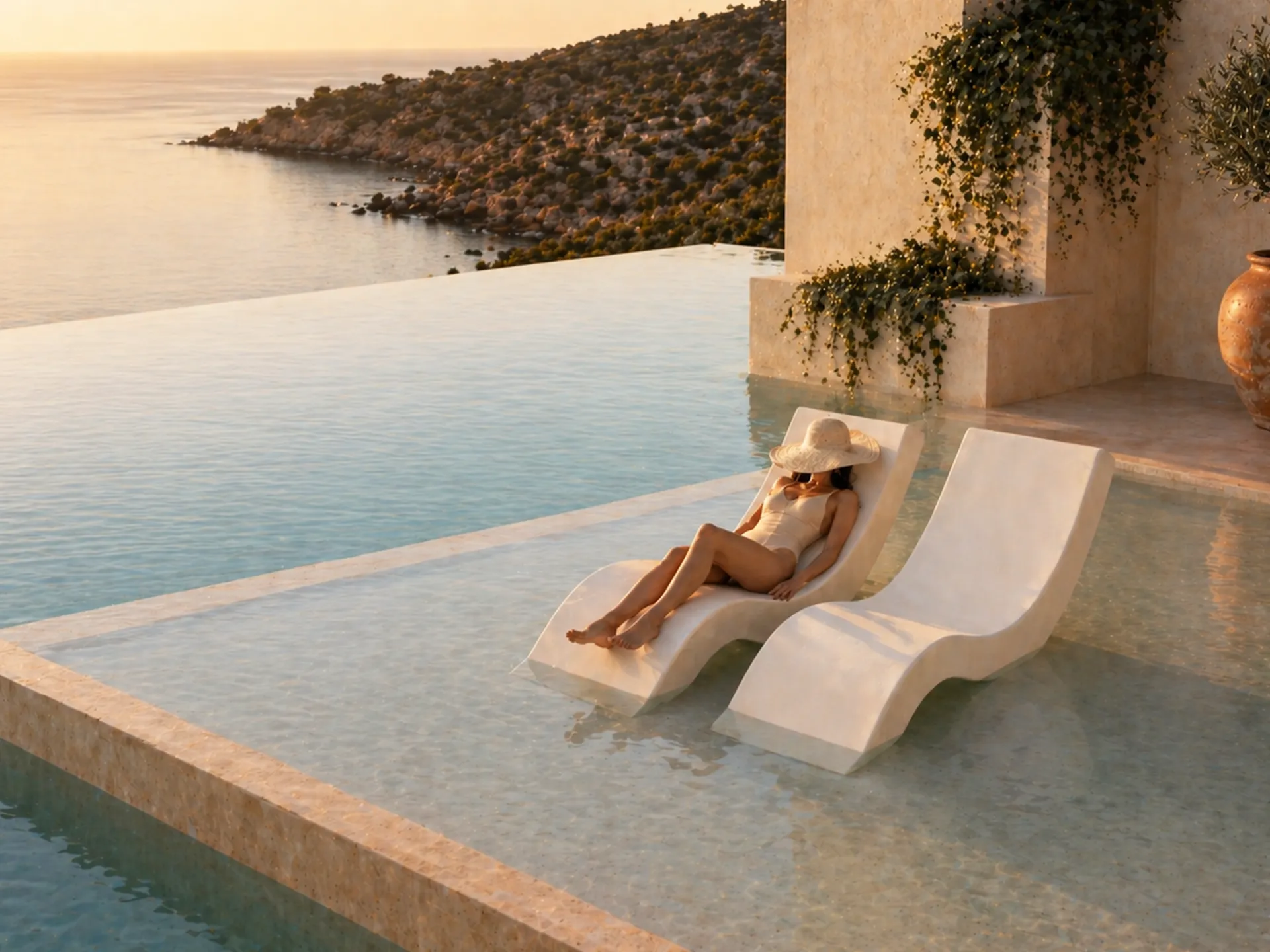 Conjunto de 2 chaise longues Nordic brancas com mulher deitada, em piscina de terraço com vista mar.