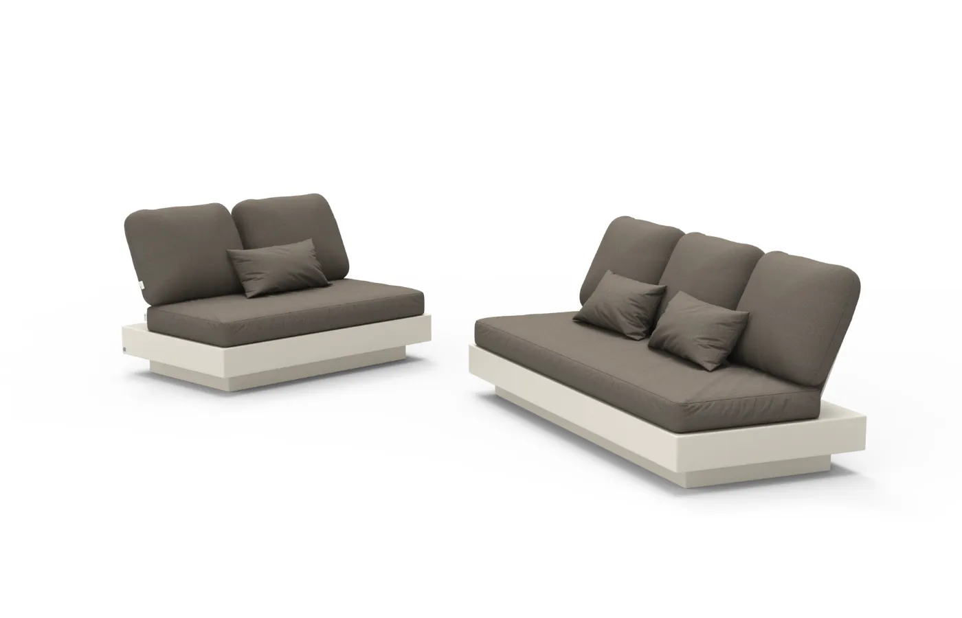 Nordic sofa modules with a white straight base, cushioned seat and inclined backrests on a neutral background.