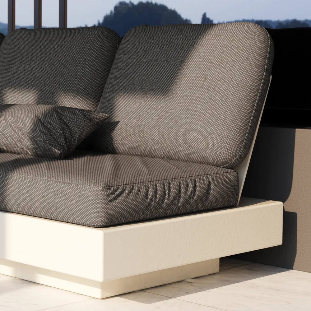 Close-up of the Nordic sofa showing the cushioned seat and backrest, fabric texture and straight base structure.