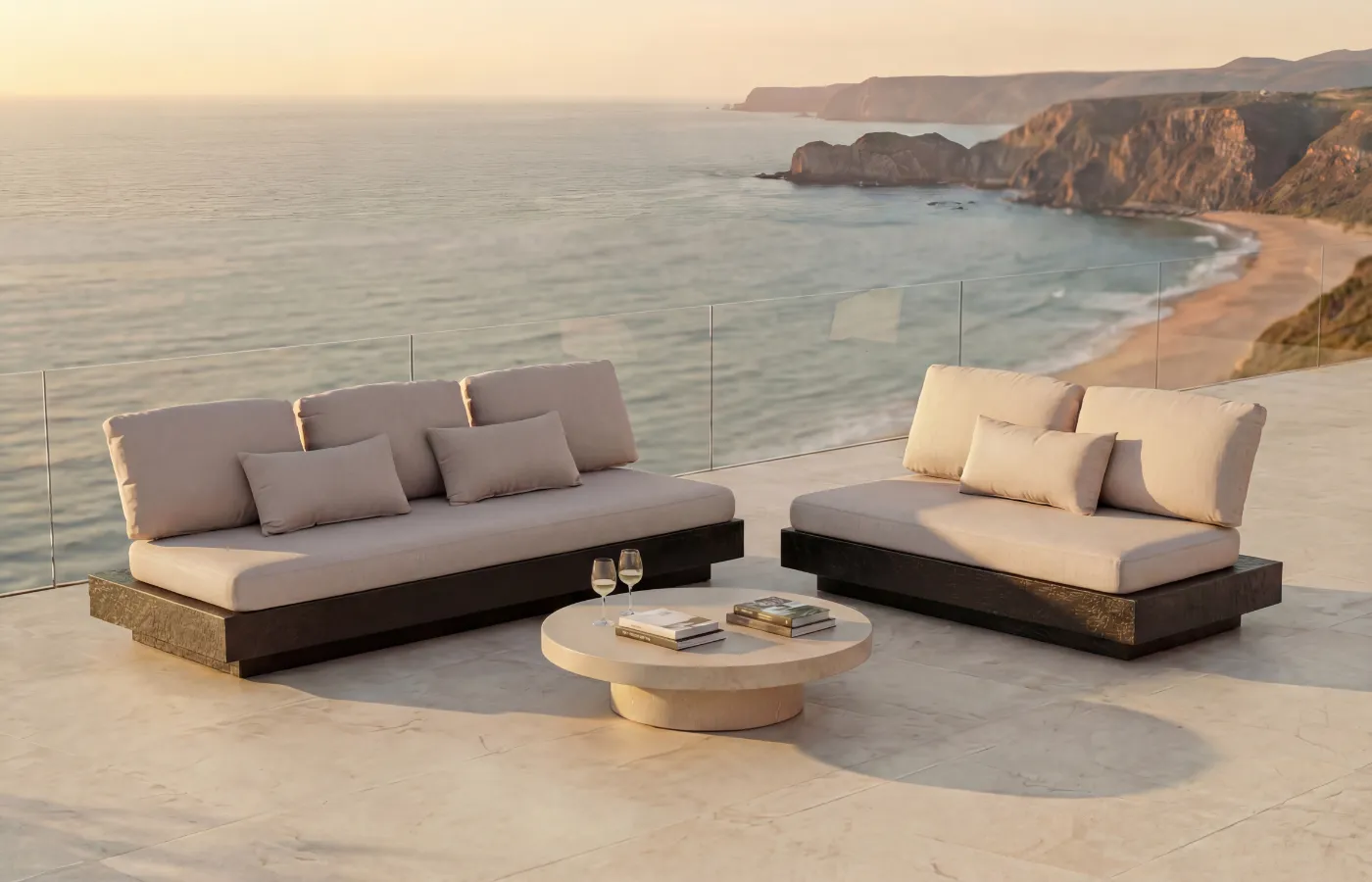Nordic modular sofas on a terrace with sea view, featuring a volcanic texture base, light cushions and a round coffee table.