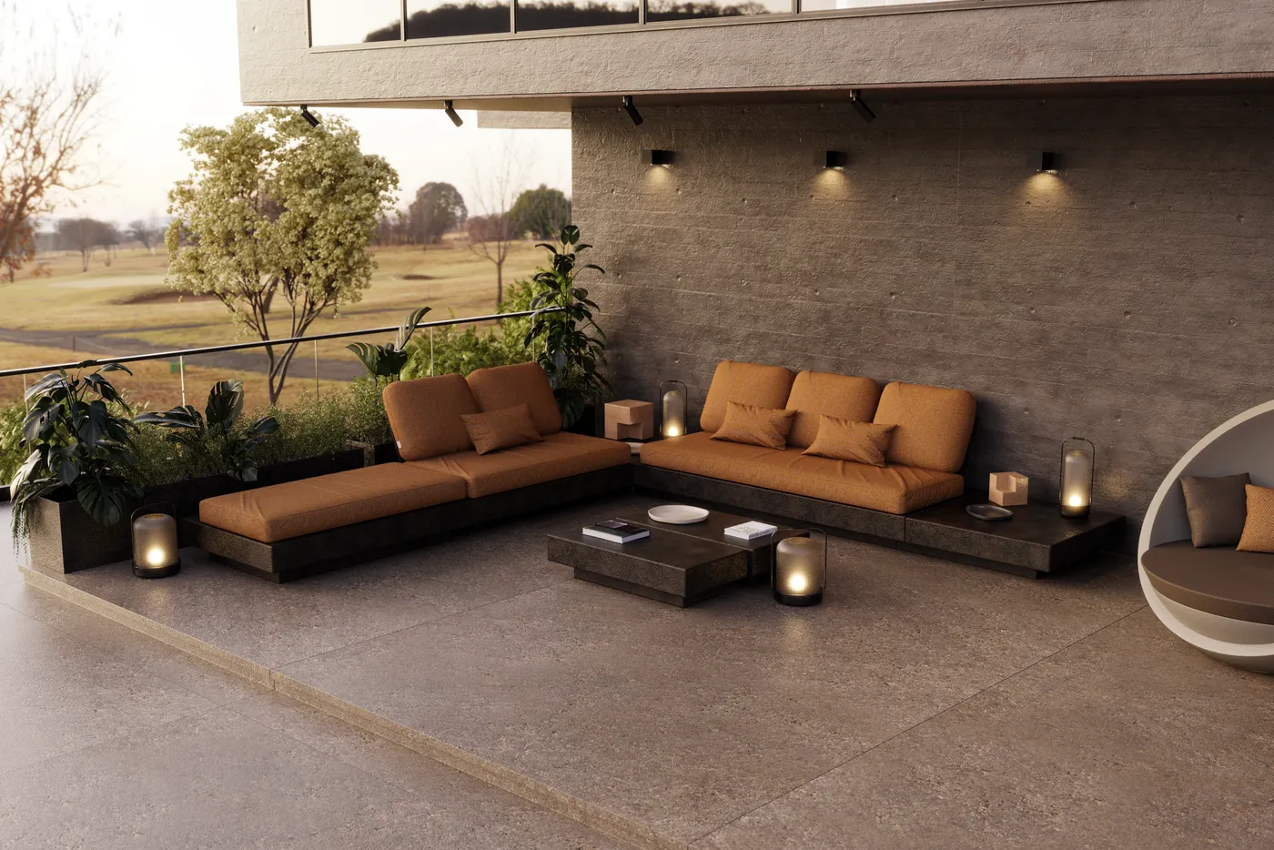 Nordic modular sofa in a corner arrangement on a covered terrace, with a volcanic texture base, brown cushions and a Nordic coffee table.