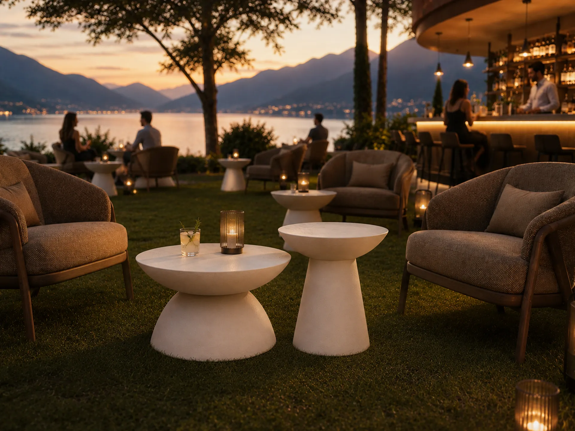 A garden-style lounge bar featuring several sets of white Oceano side tables paired with comfortable armchairs.